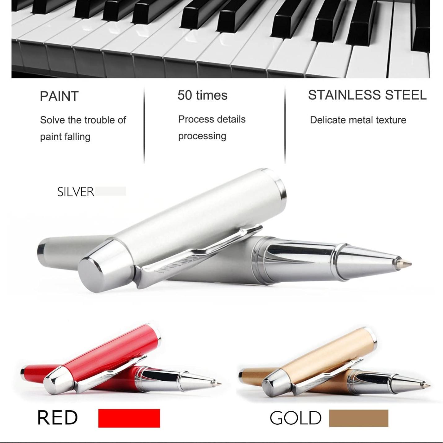 Laat een advertentie die Laat een blijvende achter indruk met deze elegante en hoogwaardige rollerbalpen in zilver, rood en goud tentoonstelt, discrete kwaliteit en vakmanschap.