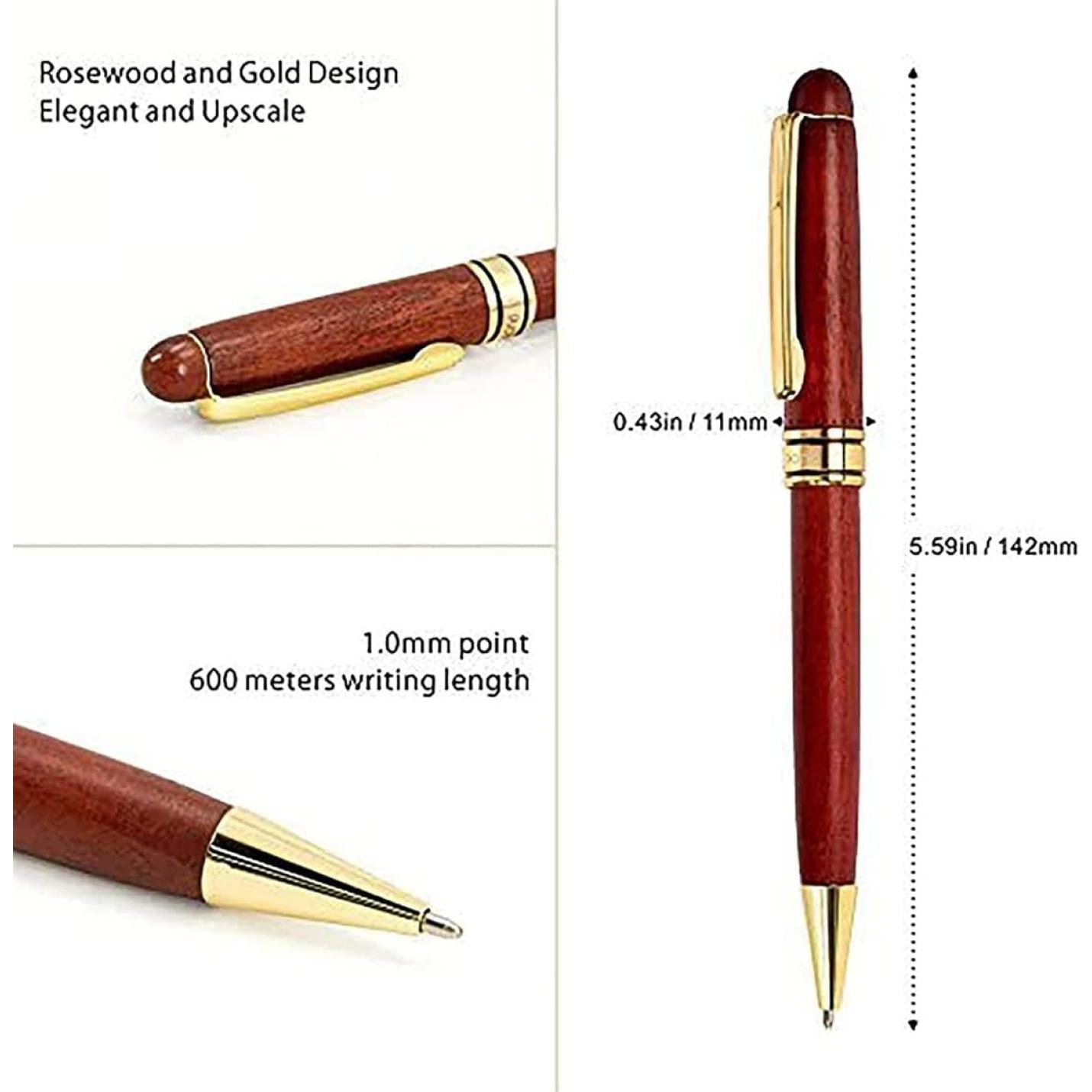 Elegante luxe pen van palissanderhout en goud, een perfect cadeau met afmetingen en schrijflengte.