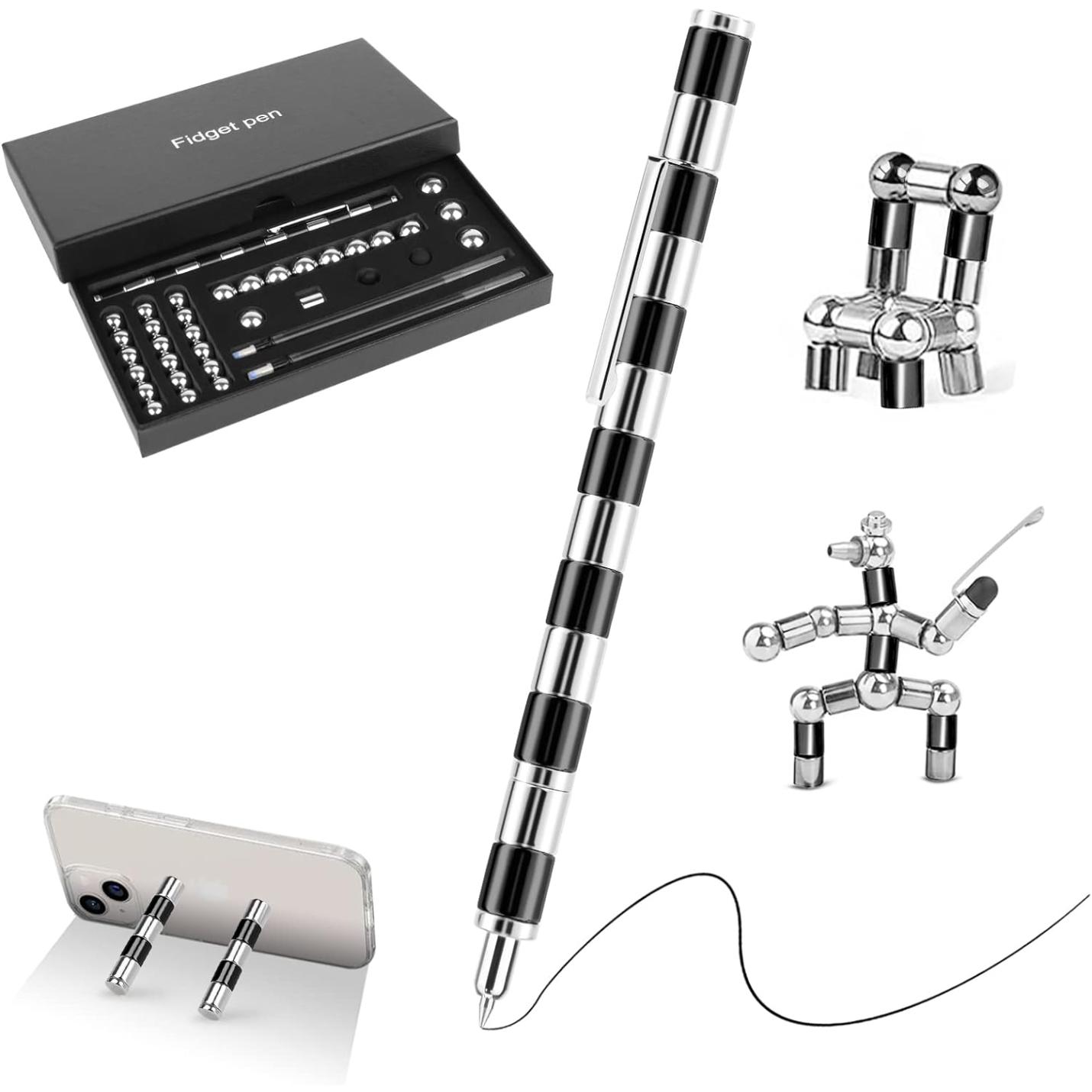 Magnetische balpen: de meest creatieve en stressverminderende pen ooit! naast voorbeelden van de componenten die worden gebruikt voor een telefoonstandaard, en figuren.