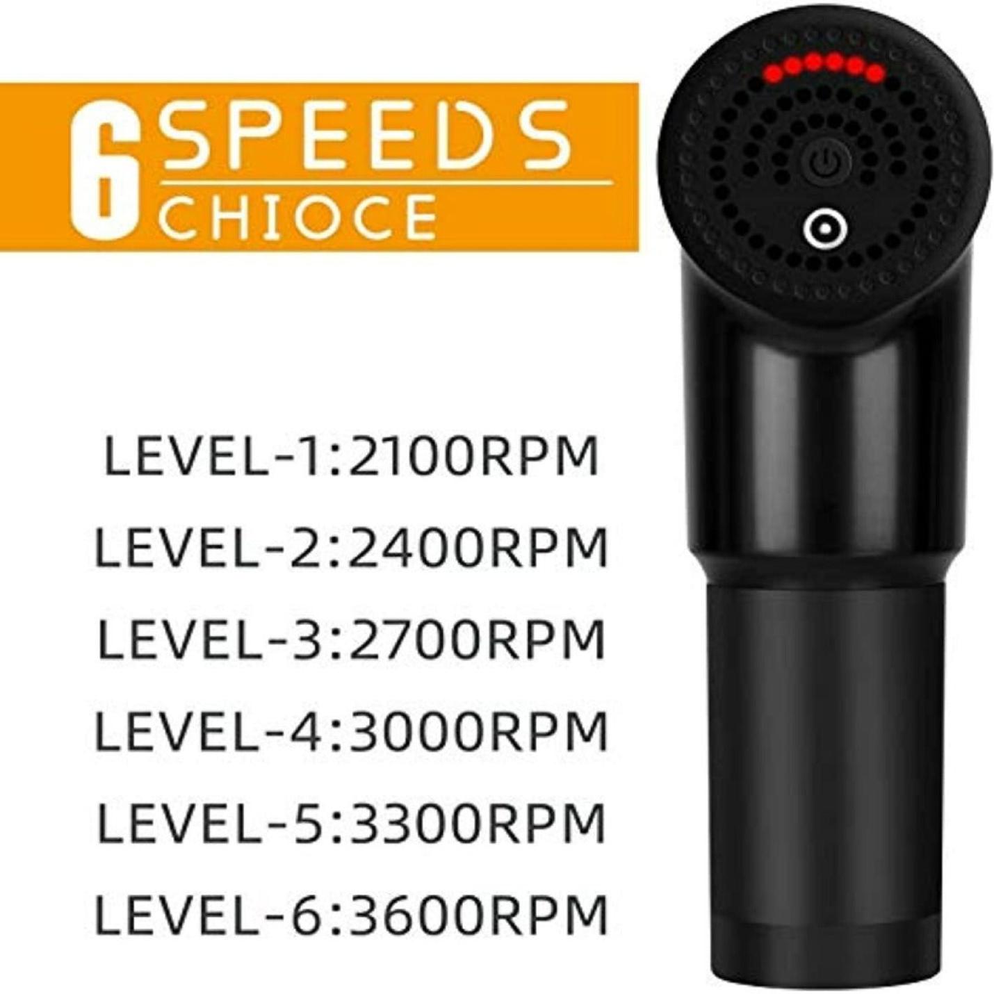 Zwart handmassagepistool met weergave van een digitale interface met 6 snelheidsinstellingen variërend van 2100 rpm tot 3600 rpm, ontworpen voor spierontspanning en stressvermindering. - Massagepistool: Ontspan spieren, verlichte stress en geniet van diepe ontspanning!