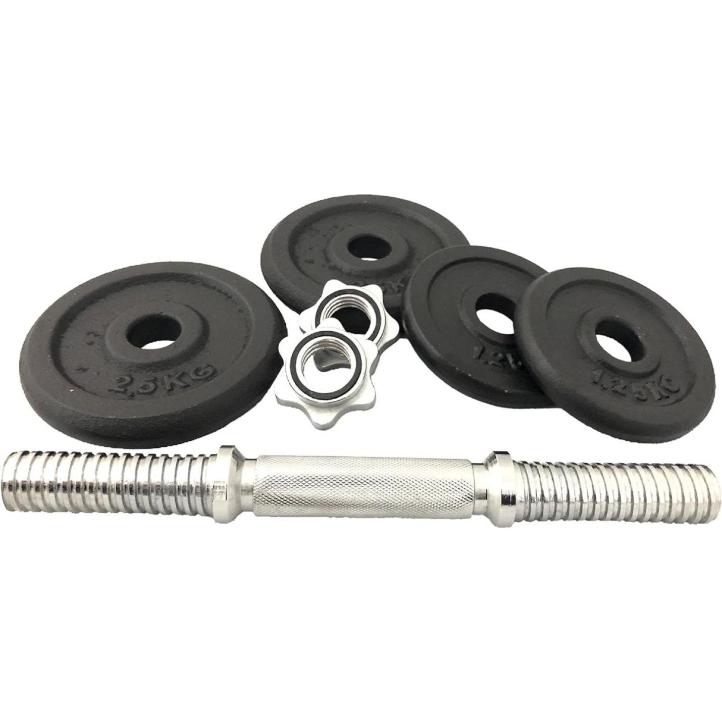 Met deze korte halterset bouw je thuis mechanische spieren op, inclusief één metalen halterstang, vier zwarte gewichtsschijven en twee ster-vergrendelingen gemaakt van hoogwaardige op een witte achtergrond.