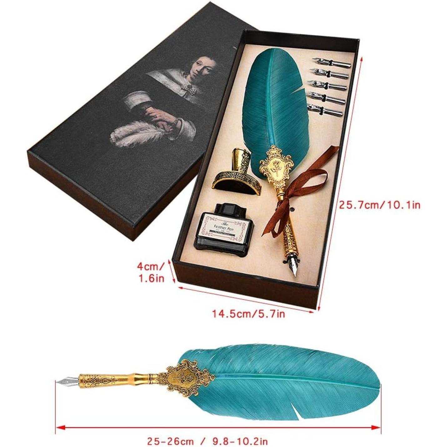 Een elegante vintage Ontdek de magie van kalligrafie veerpennenset met inkt en kalligrafie-accessoires, weergegeven in een open, duurzame doos, met meegeleverde afmetingen.