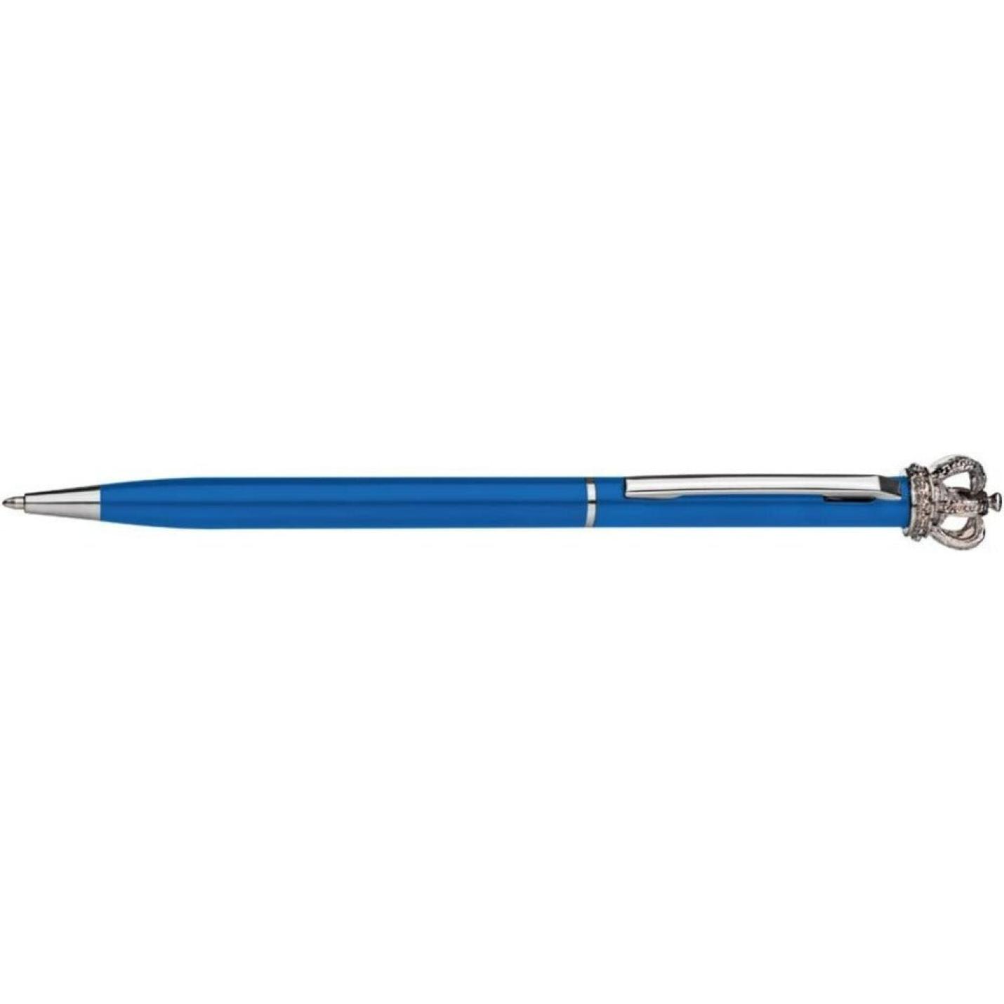 Een metallic Swarovski-pen met een zilveren clip en decoratieve elementen op een witte achtergrond.