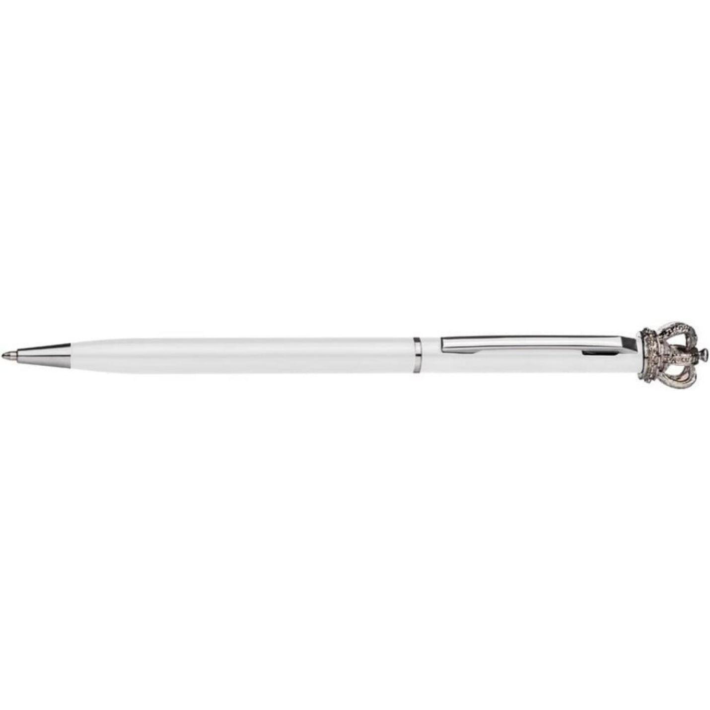 Een zilver-witte Ontdek de pracht en functionaliteit van onze metallic Swarovski-pen met een sierlijk ontwerp bij de clip.