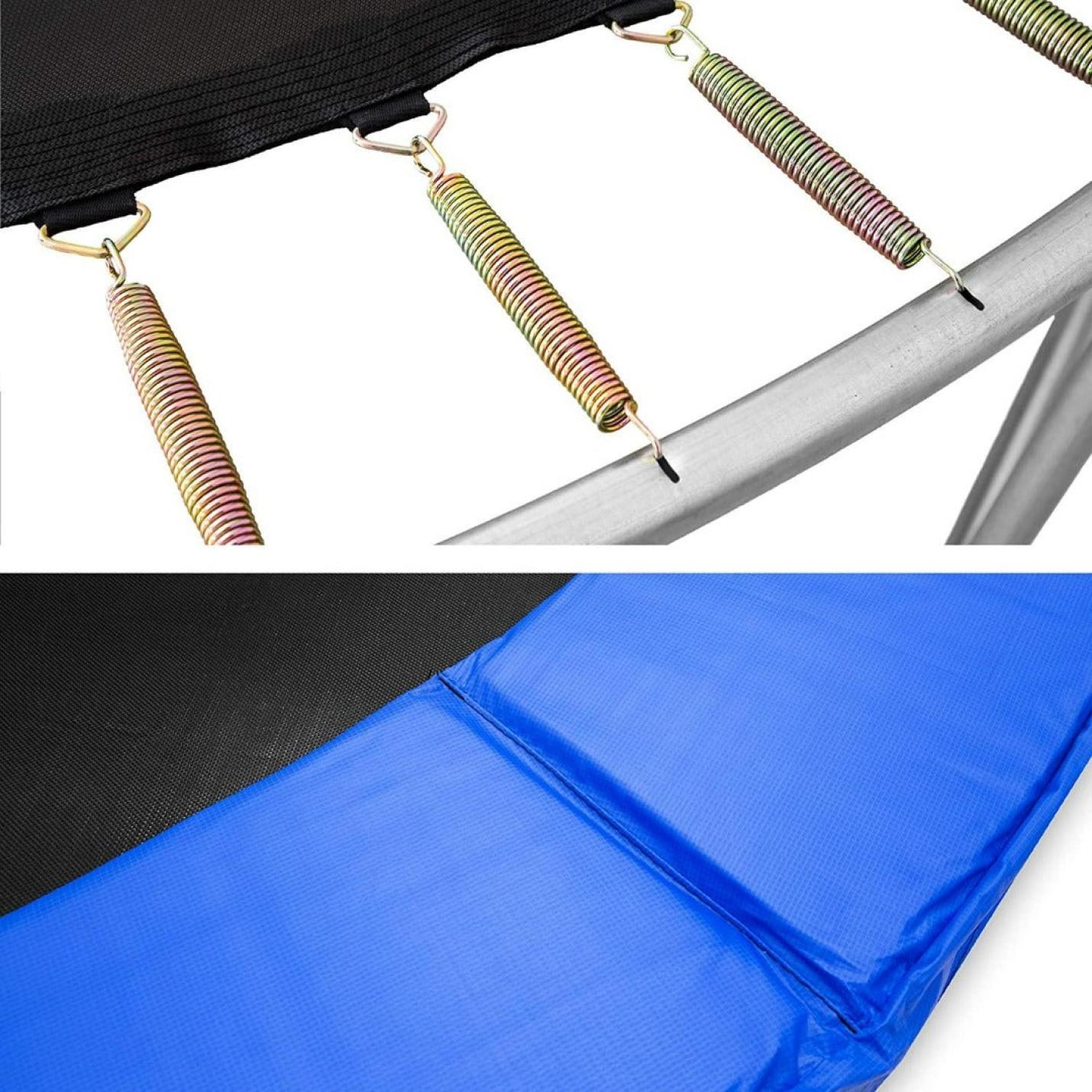 Close-up van een Trampoline met veiligheidsnet en ladder, complete tuintrampoline, TÜV Rheinland GS-certificaat met rand ondersteuning met details van de veren en rand met veiligheidskussen en een trampolineladder.