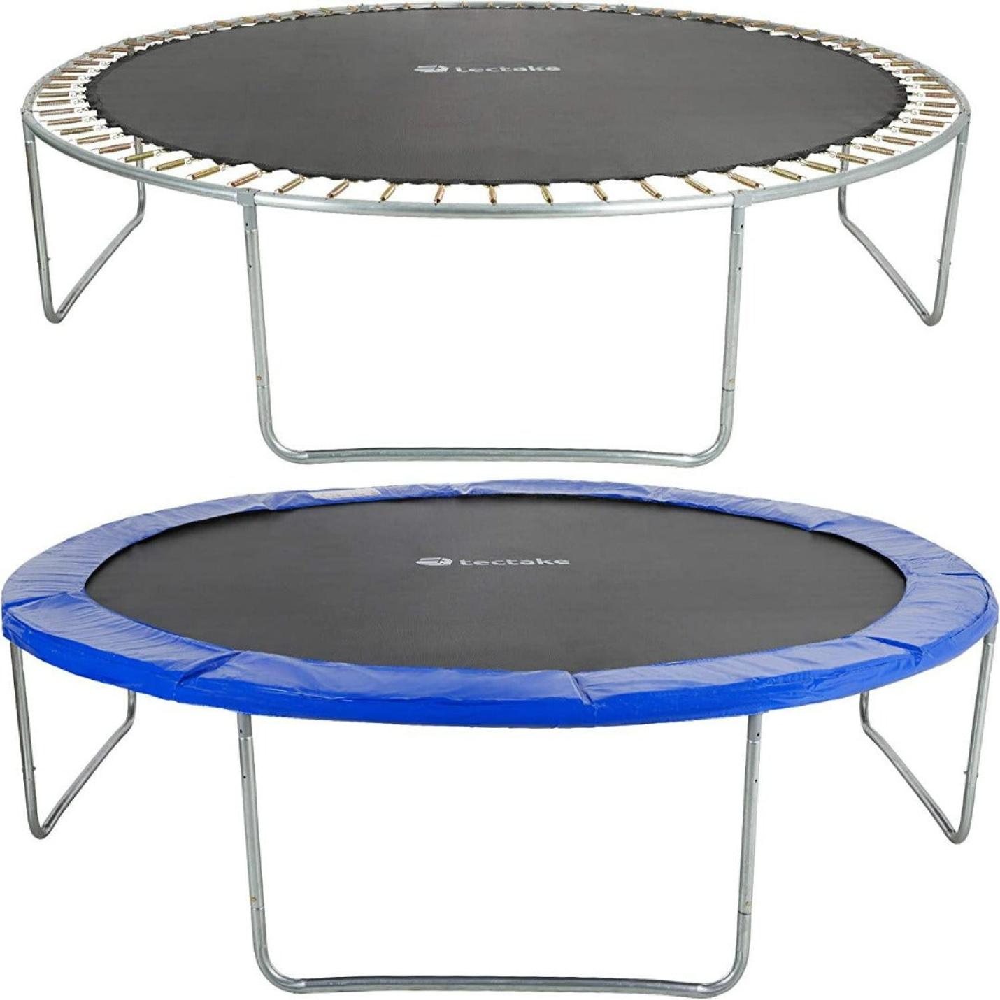 Twee Trampoline met veiligheidsnet en ladder, complete tuintrampolines, de een groter dan de ander, weergegeven op een witte achtergrond. TÜV Rheinland GS-certificaat met rand vergoed.