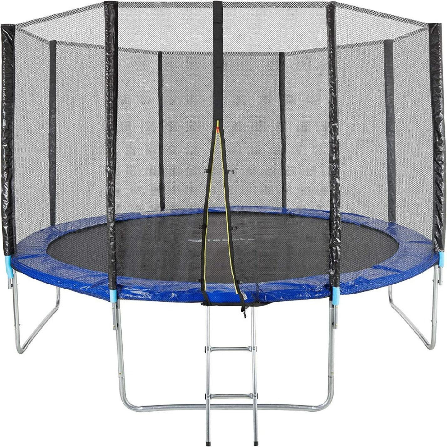 Outdoor Trampoline met veiligheidsnet en een ladder, complete tuintrampoline, TÜV Rheinland GS-certificaat met rand verleend, tegen een witte achtergrond.