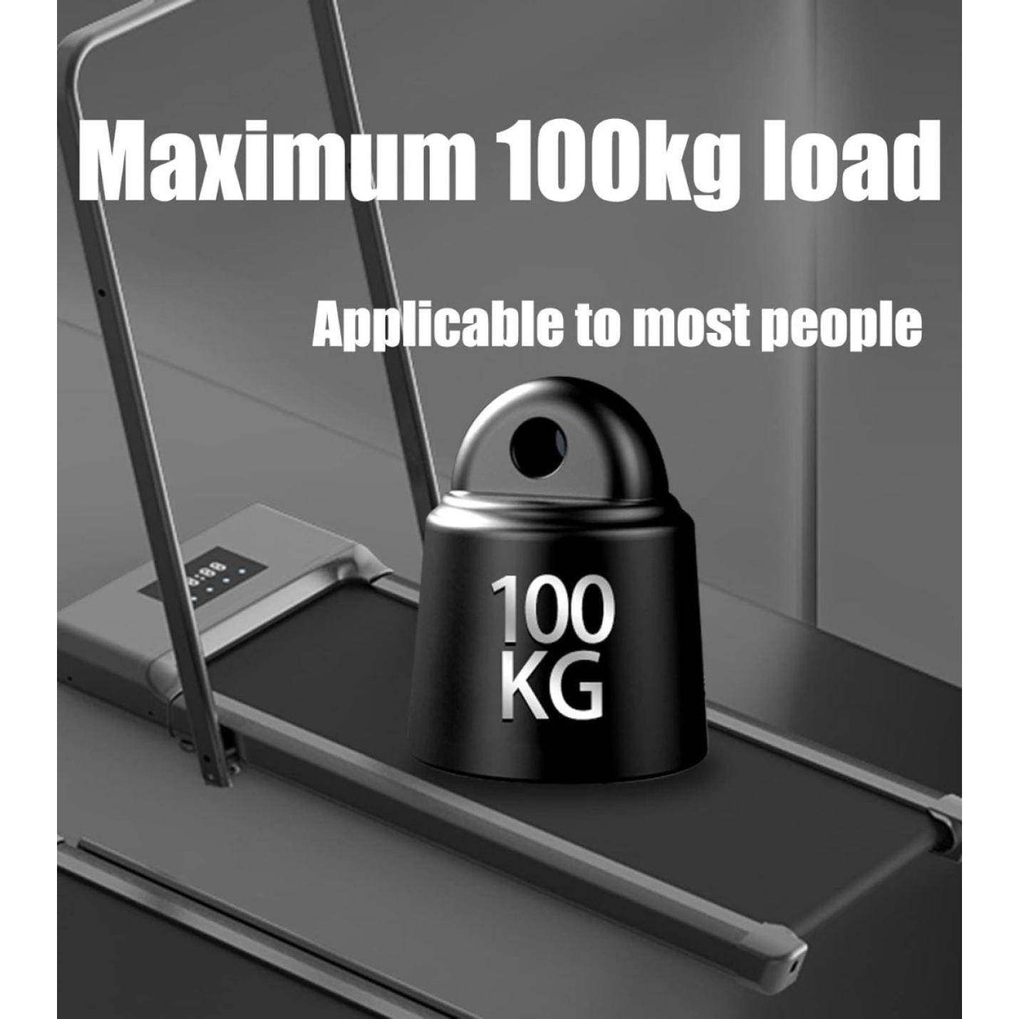 Een Overzichtelijke en betaalbare opvouwbare loopband voor thuis met een gewichtslimiet van 100 kg weergegeven op een digitaal scherm, vergezeld van een gewichtspictogram en tekst met de nadruk op "maximale belasting van 100 kg, toepasbaar voor de meeste mensen" en voorzien van een opvouwbare lusband voor eenvoudig opbergen.