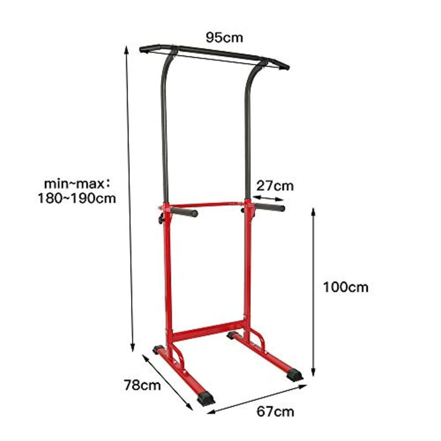 Verstelbare rode Creëer je eigen fitnessparadijs krachttoren met gelabelde afmetingen, inclusief hoogte variërend van 180 tot 190 cm, breedte van 67 cm en diepte van 78 cm.