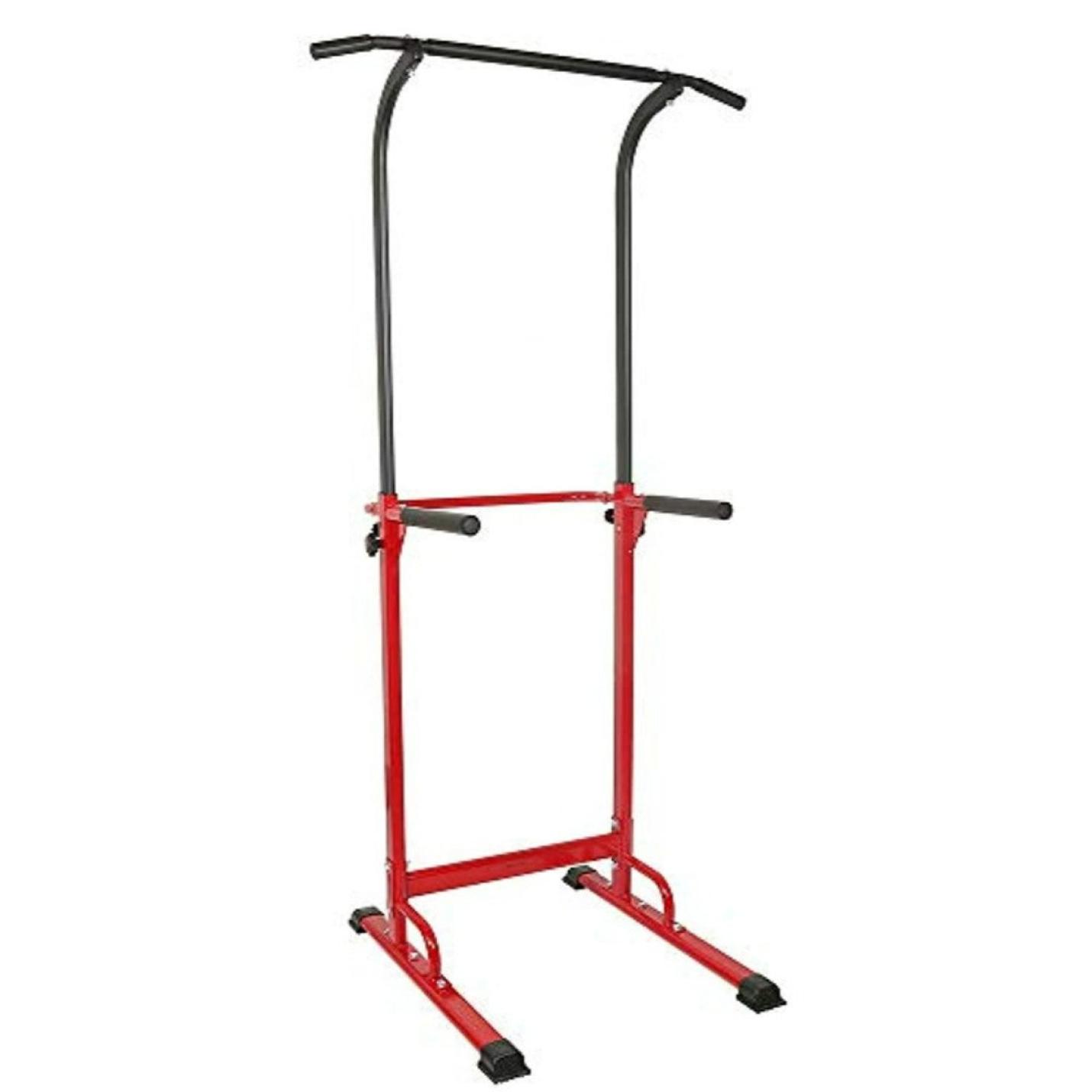 Creëer je eigen fitnessparadijs met onze Rode en Zwarte multifunctionele powertower met een horizontale balk aan de bovenkant en stevige basissteunen!