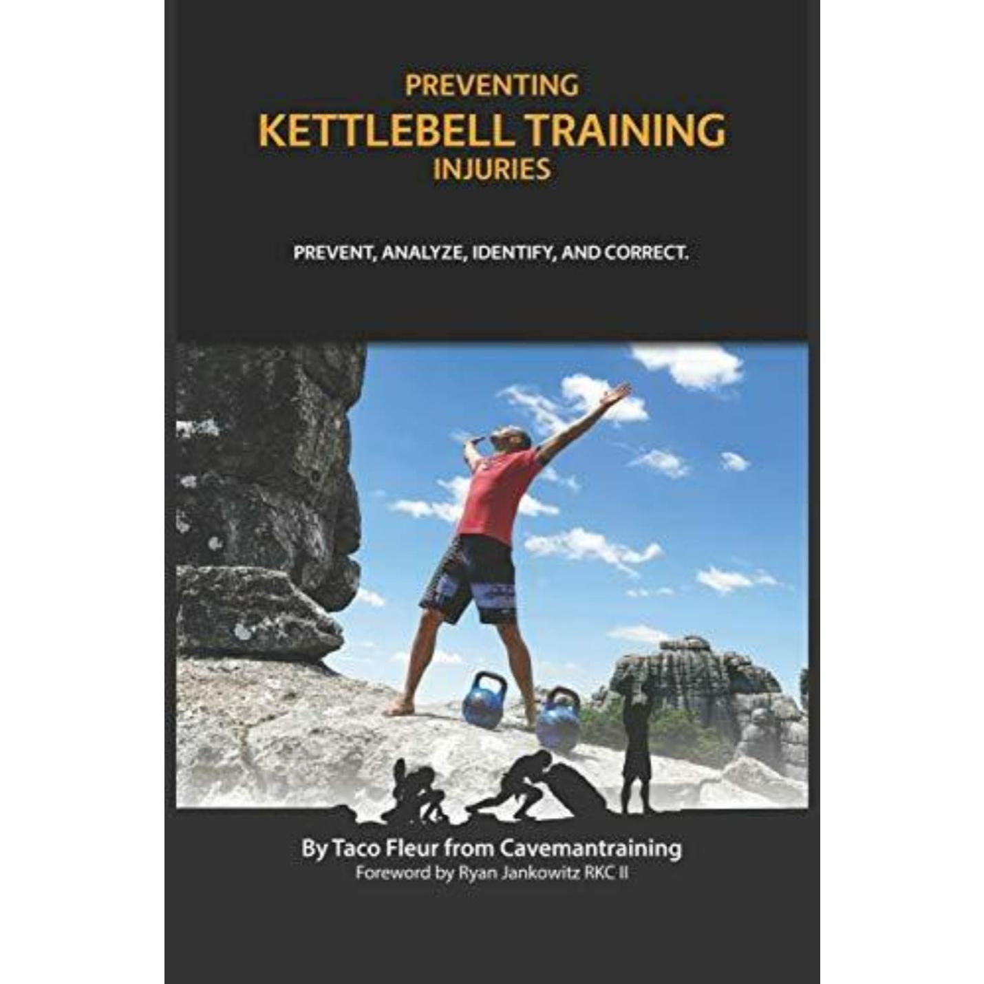 Preventie van Kettlebell-trainingsblessures: voorkomen, analyseren, identificeren en corrigeren: een gids over blessurepreventie, het analyseren, identificeren en corrigeren van trainingsongelukken, met een illustratie van een kettlebell-training buitenshuis.