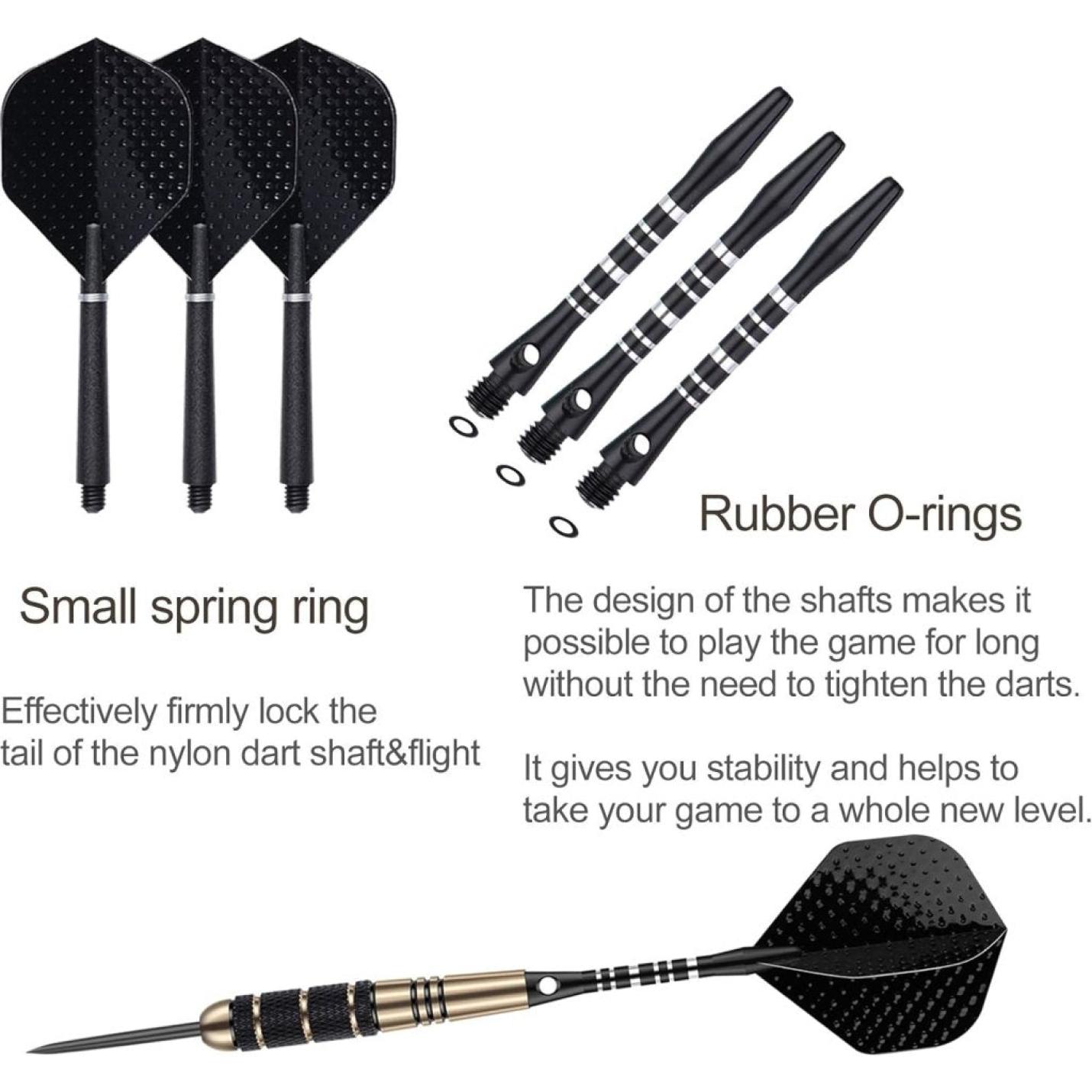 Professionele 3-pack 22g, 23g, 24g, 27g stalen tip dartset met dartstengels vluchten + 50 stuks rubberen O-ringen + 12 stuks veerringen + 1 stuks dartslijper gereedschap voor dartbord - happygetfit.com