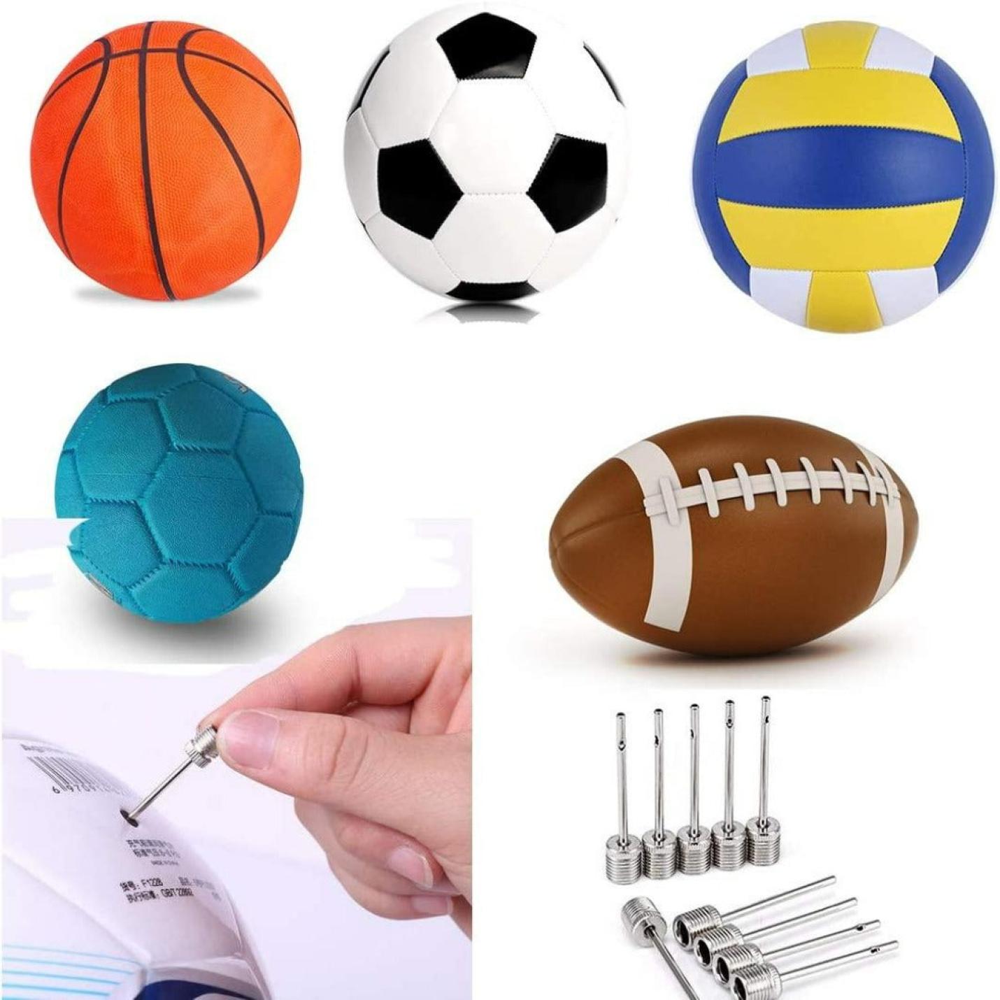 Collectie diverse sportballen waaronder een basketbal, voetbal, volleybal, handbal en American football met een set dopsleutels en Roestvrijstalen ballenpomp naalden: de perfecte manier om je ballen op te pompen.