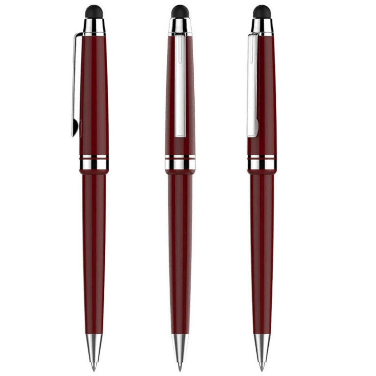 Drie Schrijf in stijl met onze duurzame metalen balpennen met zilveren accenten en een comfortabele grip, geïsoleerd op een witte achtergrond.