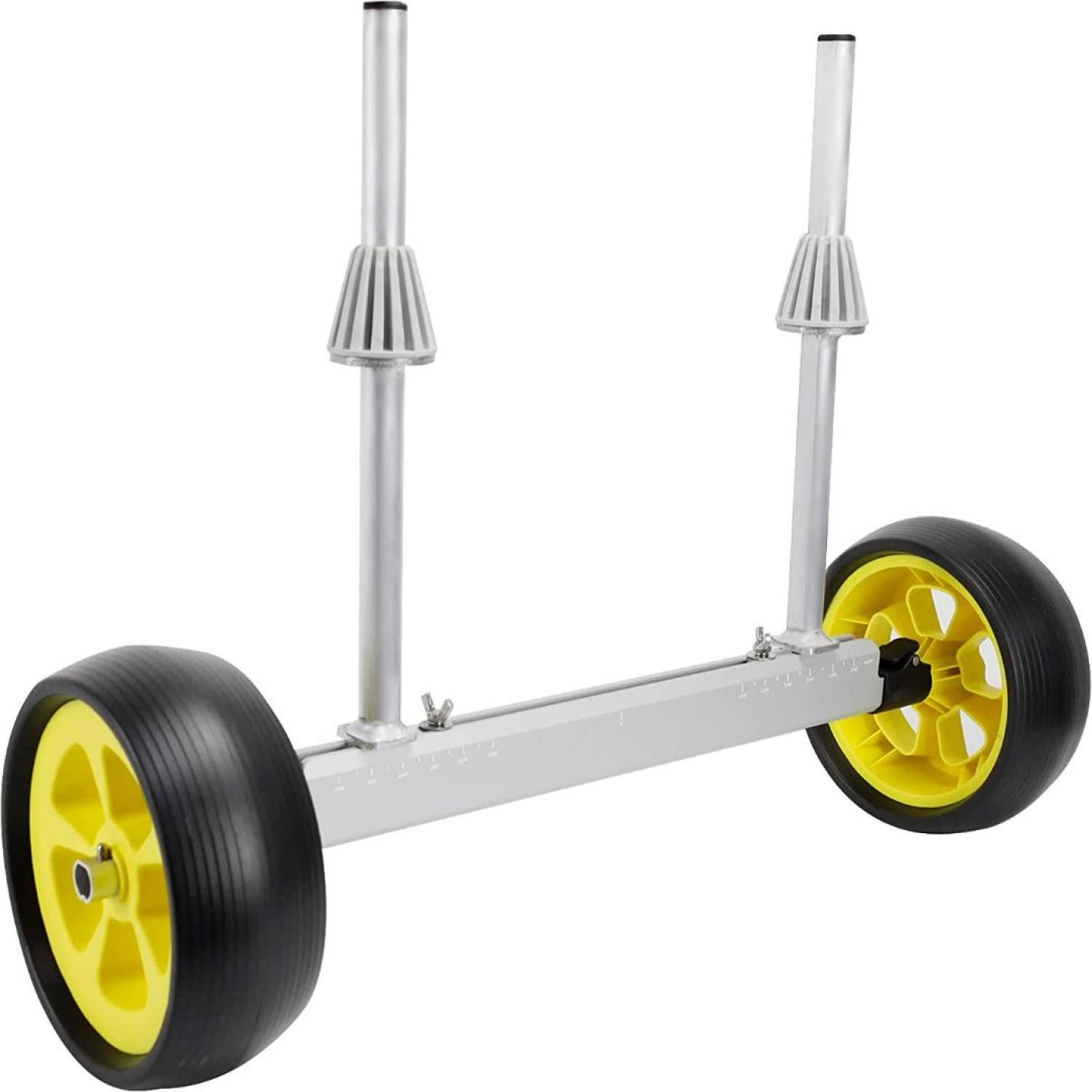 Tweewielige kajakwagen met gele wielen en een metalen frame, geïsoleerd op een witte achtergrond.
Productnaam: Ervaar elektrische kajakken met onze duurzame kajakwagen met platte wielen - Geen stress, geen gedoe!
