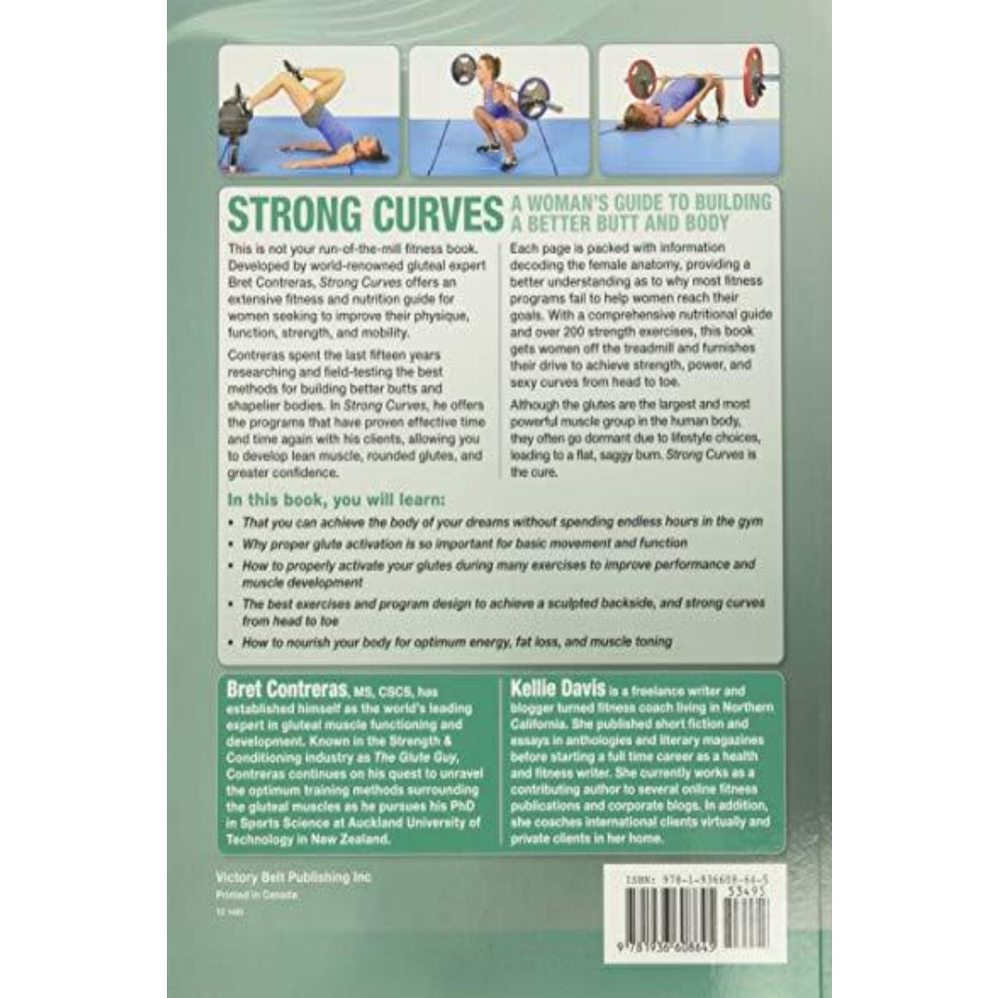 Achterkant van 'Strong Curves: A Woman's Guide To Building A Better Butt And Body', met tekst over de inhoud van het boek, getuigenissen, twee kleine afbeeldingen van vrouwen die sporten en streepjescodes onderaan.