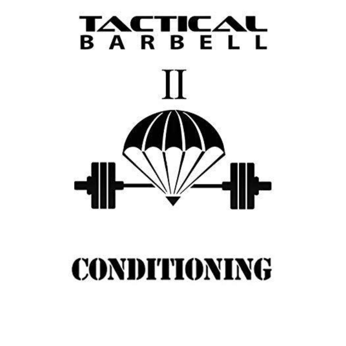 Logo voor "Tactical Barbell 2: Conditioning" met een parachute boven een halter, die tactische training en uithoudingsvermogen symboliseert.