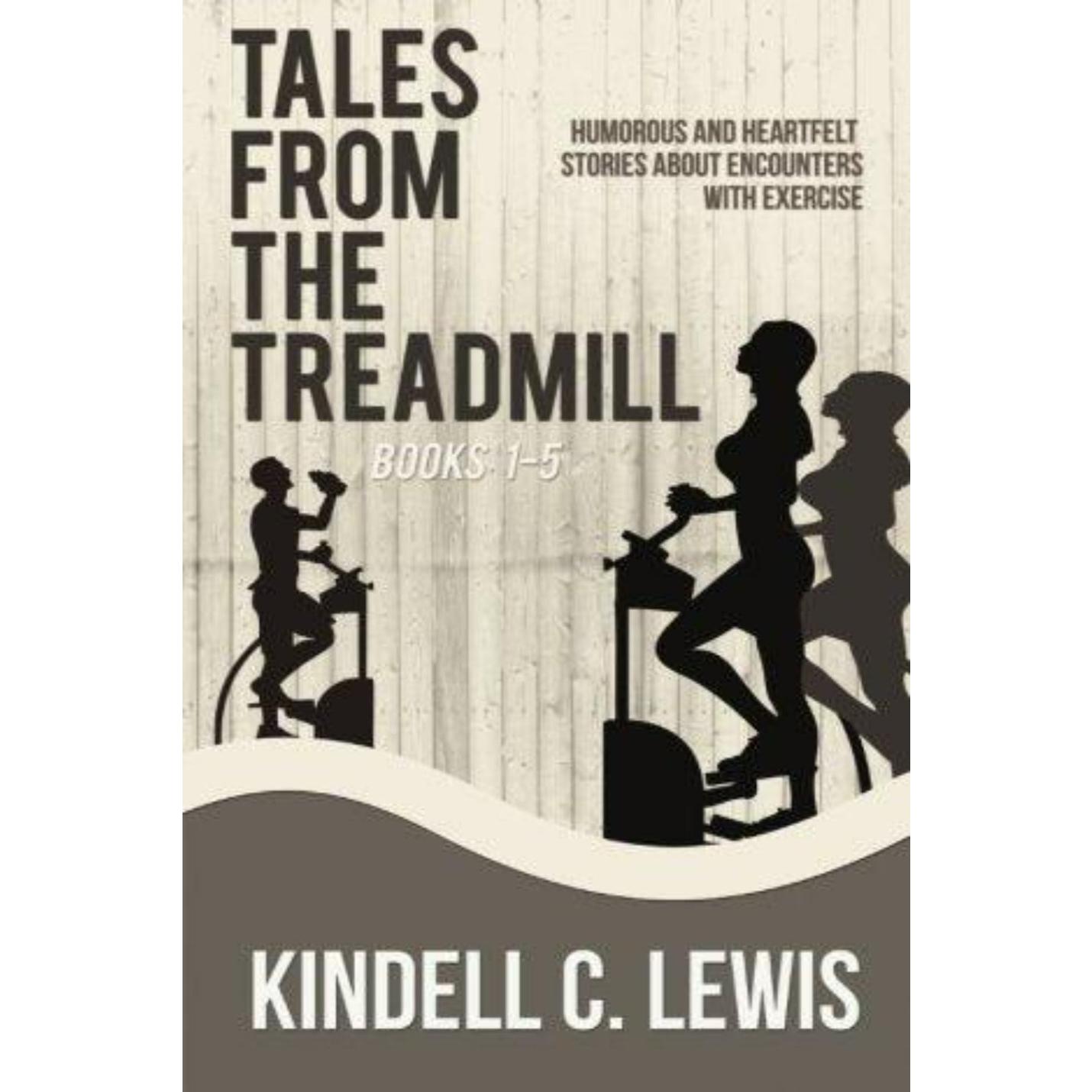 Cover van "Tales from the Treadmill 1-5" van Kindell C. Lewis, met humoristische silhouetten van mensen die trainen op fitnessapparatuur tegen een houten achtergrond.