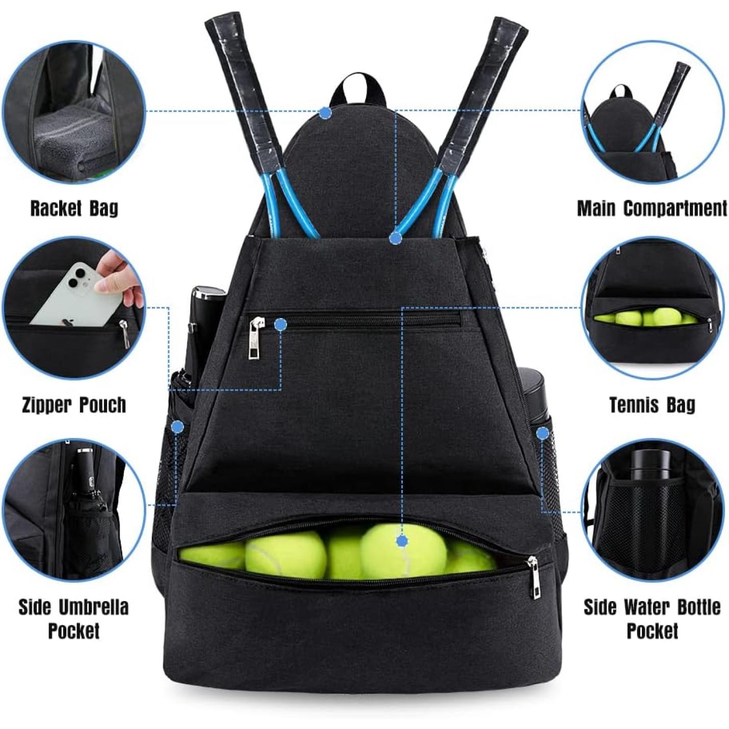 Upgrade je tennisgame met onze stijlvolle en functionele tennistas met schoenenvak ontworpen voor tennisuitrusting met gelabelde vakken voor een racket, ballen, waterfles, paraplu en accessoires!