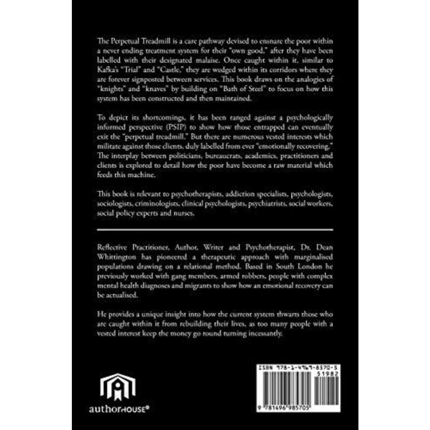 Achterkant van "The Perpetual Treadmill" van R.J. Kottke, met een tekstsamenvatting vanuit een psychologisch geïnformeerd perspectief, lovende kritieken en publicatiedetails, waaronder ISBN.