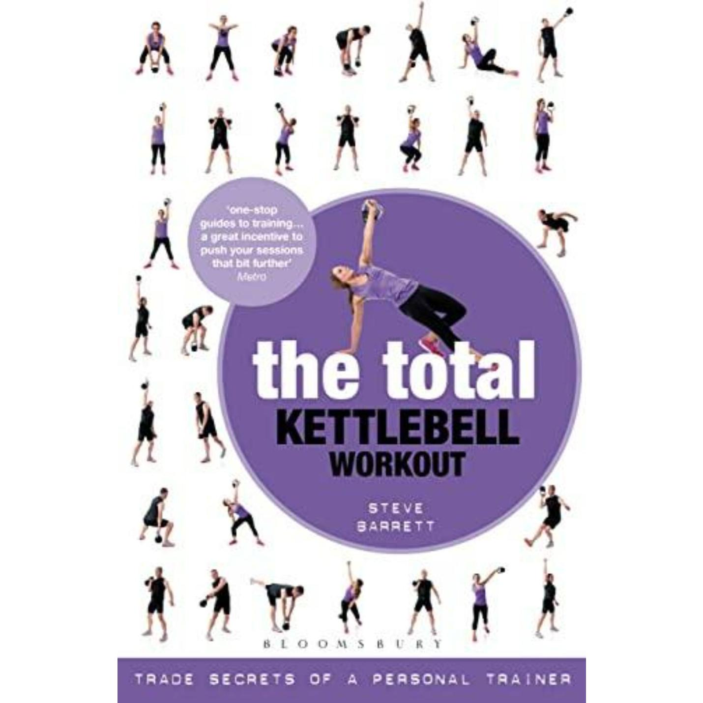 Een boekomslag met de titel "The Total Kettlebell Workout: Trade Secrets of a Personal Trainer" met meerdere afbeeldingen van een persoon die verschillende kettlebell-trainingsoefeningen demonstreert.