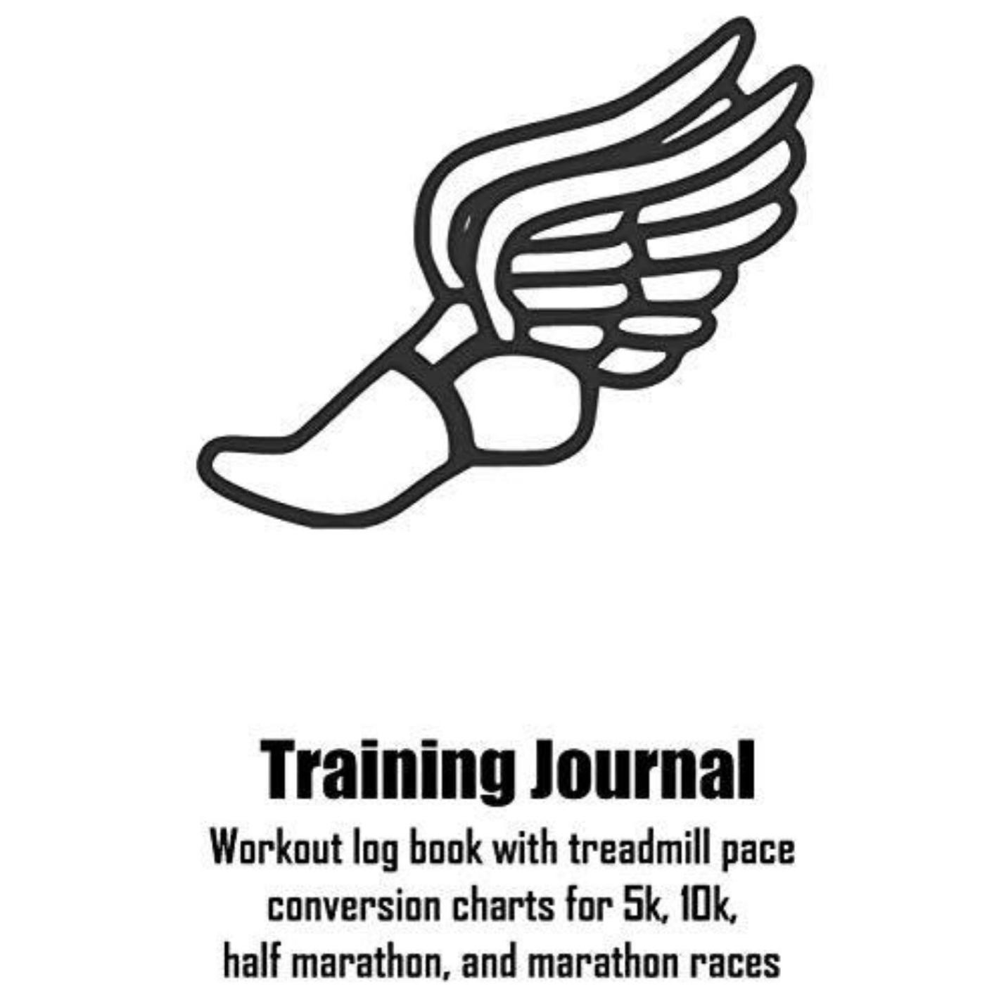 Logo met een gevleugelde schoen boven de tekst "Trainingslogboek: trainingslogboek met loopbandtempoconversiegrafieken voor 5k-, 10k-, halve marathon- en marathonraces" met details over het opnemen van een trainingslogboek en hardloopconversiegrafieken voor verschillende races.