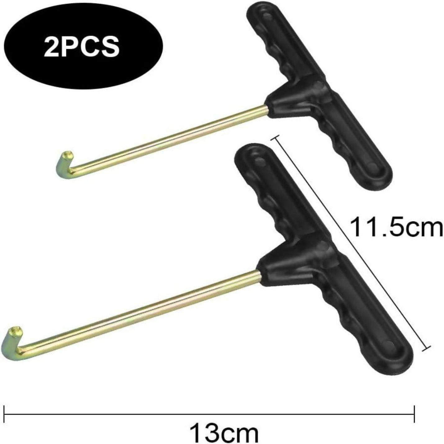 Twee t-vormige bandenlichters van hoogwaardig verzinkt materiaal met gelabelde afmetingen, die lengtes aangeven van respectievelijk 11,5 cm en 13 cm.
Maak trampoline installaties moeiteloos met onze hoogwaardige bandenlichters voor trampoline!