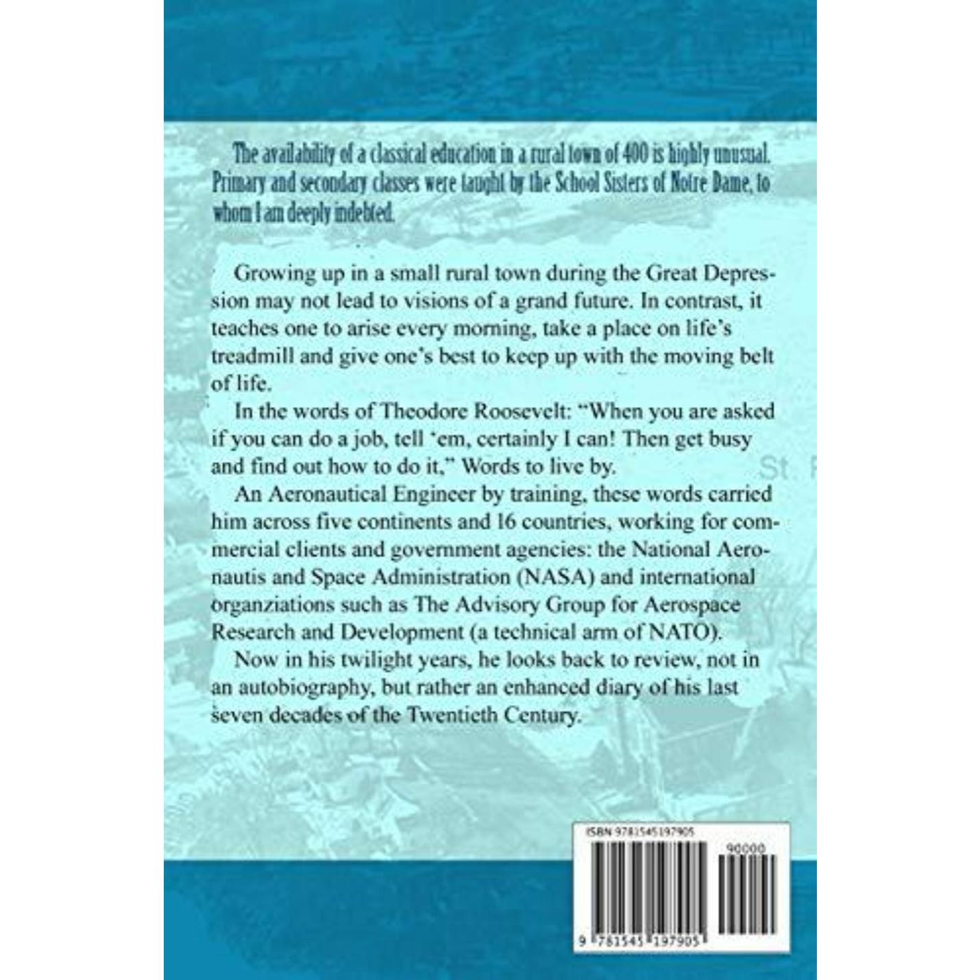 Achterkant van "Treadmill To Eternity: An engineer's trudge through seventy years of the Twentieth Century" met onderaan een tekstsamenvatting, een ISBN-barcode en logo's voor NASA en de NAVO, die een technische carrière benadrukken.