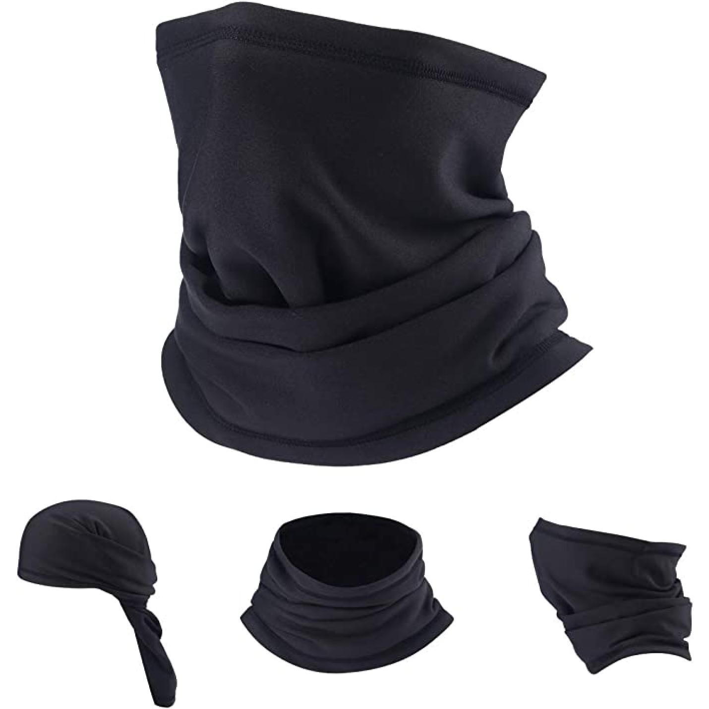 Een zwarte multifunctionele Ontdek de veelzijdigheid en kwaliteit van ons multifunctionele gezichtsmasker weergegeven in vijf verschillende draagstijlen inclusief volledige gezichtsbedekking en hoofdband, gemaakt van hoogwaardige stof.