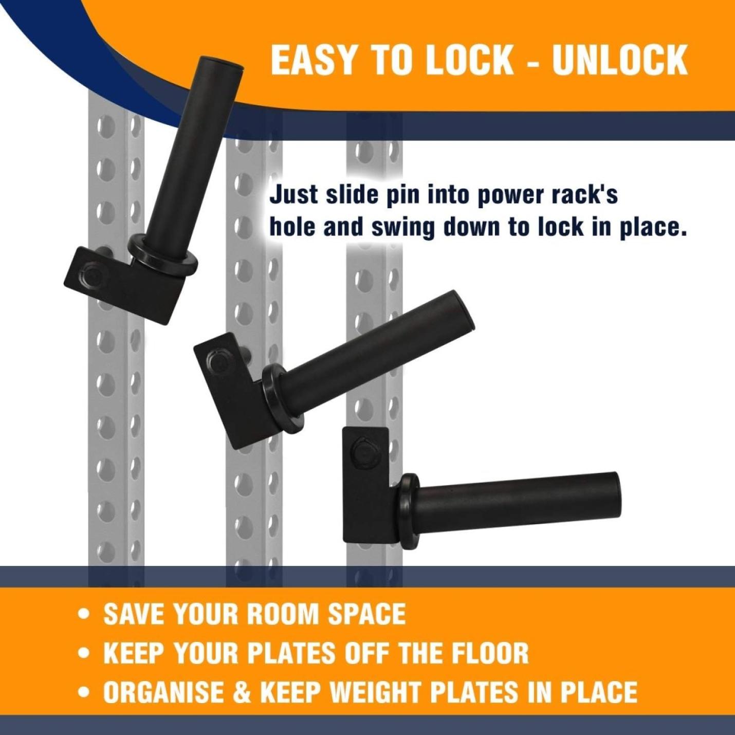 Illustratie toont veilige en betrouwbare J-haken op een power rack in de sportschool, demonstreert hoe ze te schuiven en te vergrendelen, met tekst die dominante zoals ruimtebesparing en organisatie.