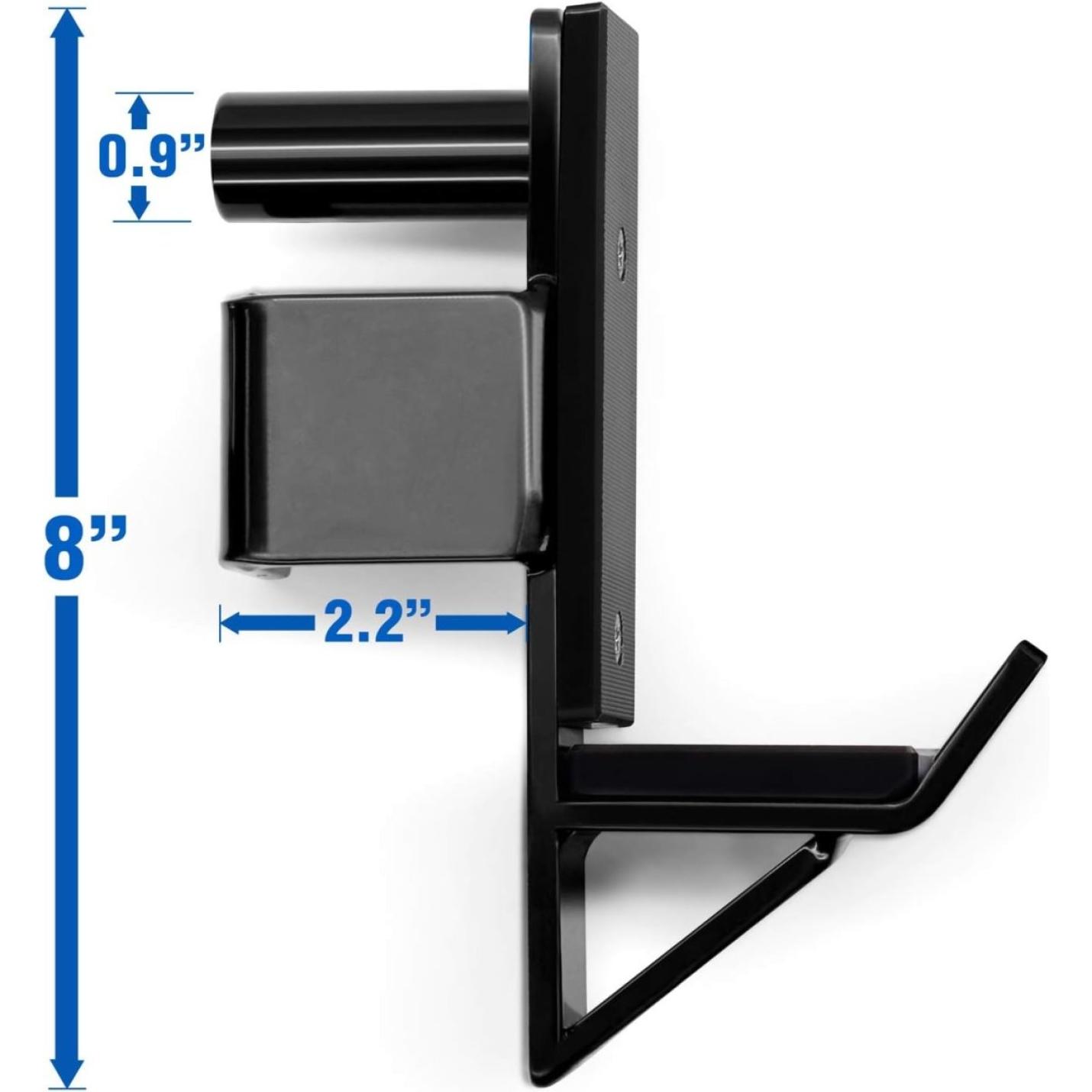 Zijaanzicht van een zwarte wandmontagebeugel gemaakt van Veilige en betrouwbare J-haken voor je power rack met daarin een slanke luidspreker, met maatlabels die de afmetingen aangeven.
