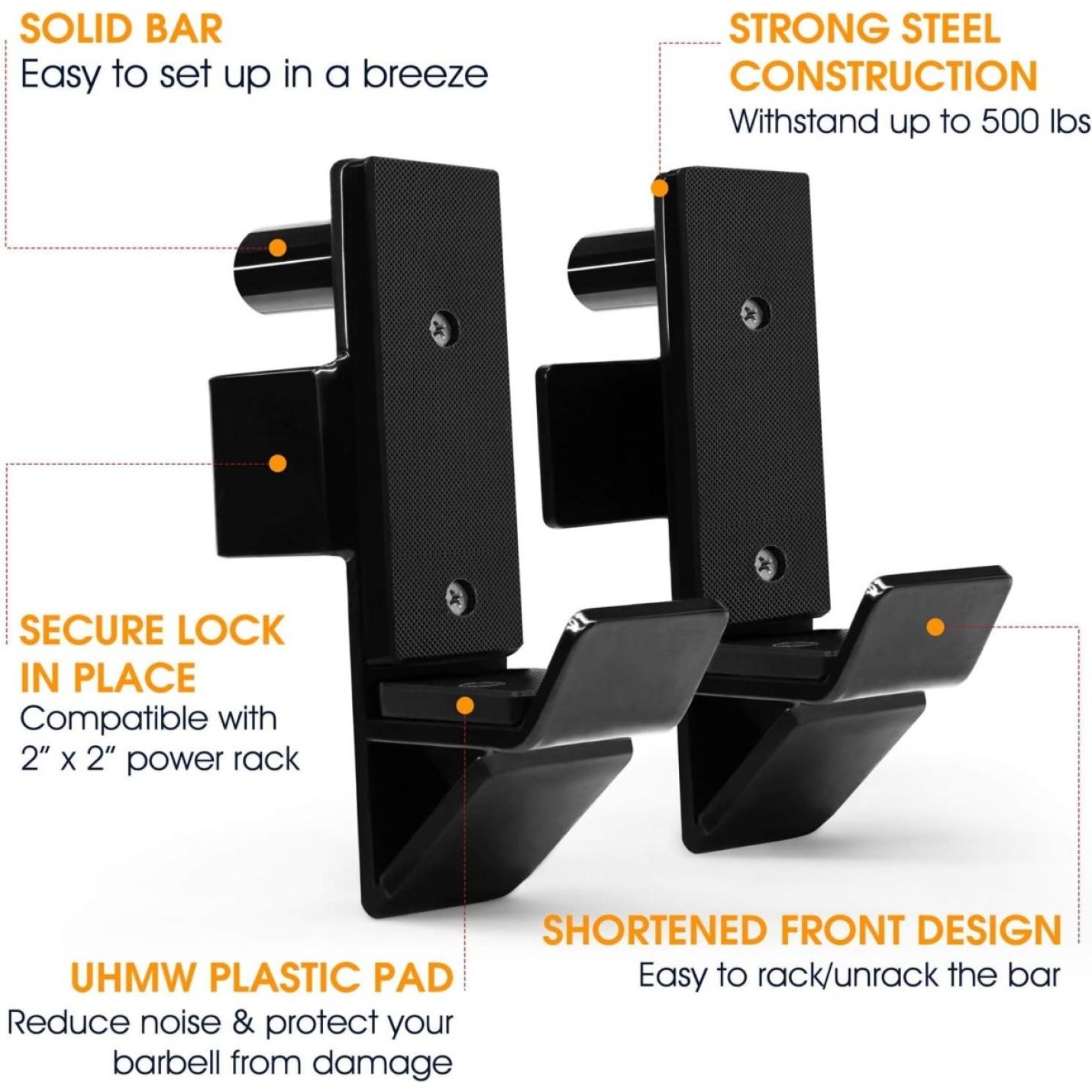 Veilige en betrouwbare J-haken voor je power rack rack met uhmw plastic vulling, ontworpen voor een 2x2 inch power rack, met de nadruk op kenmerken zoals een veilig slot en een sterke constructie.