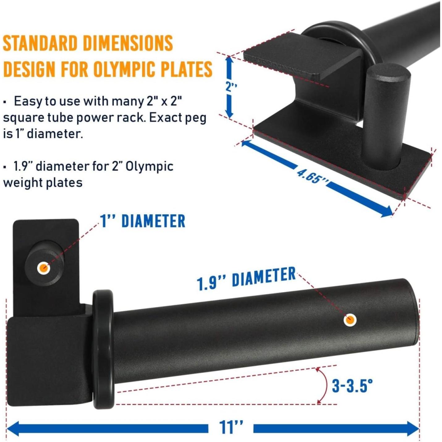Veilige en betrouwbare J-haken voor je power rack houder gemaakt van hoogwaardig staal, met gelabelde afmetingen en gedetailleerde kenmerken, waarbij de compatibiliteit met 2" x 2" power rack pennen en 1.9" diameter gewichten worden verwerkt.