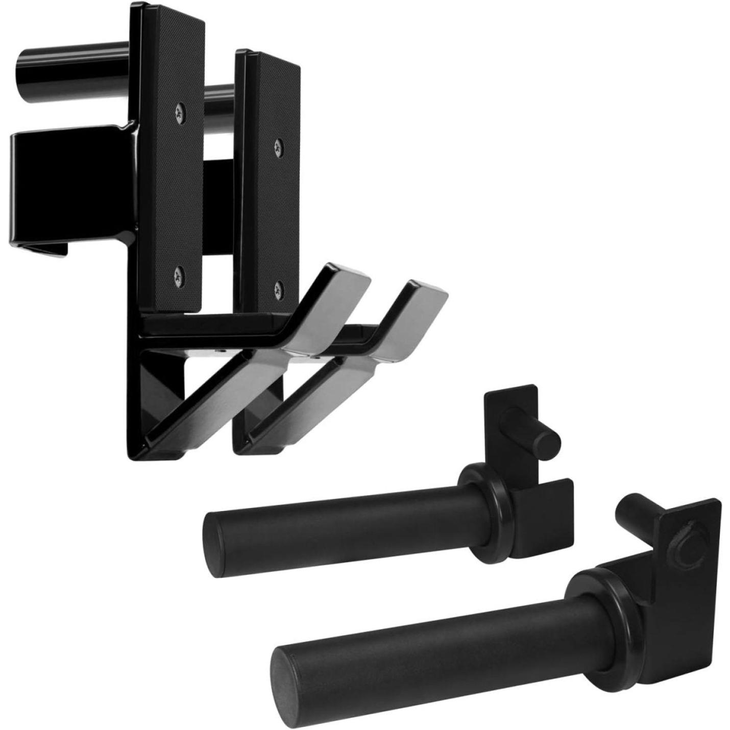 Veilige en betrouwbare J-haken voor je power rack voor het horizontaal opbergen van halters, met drie paar J-haken en een stevige constructie.