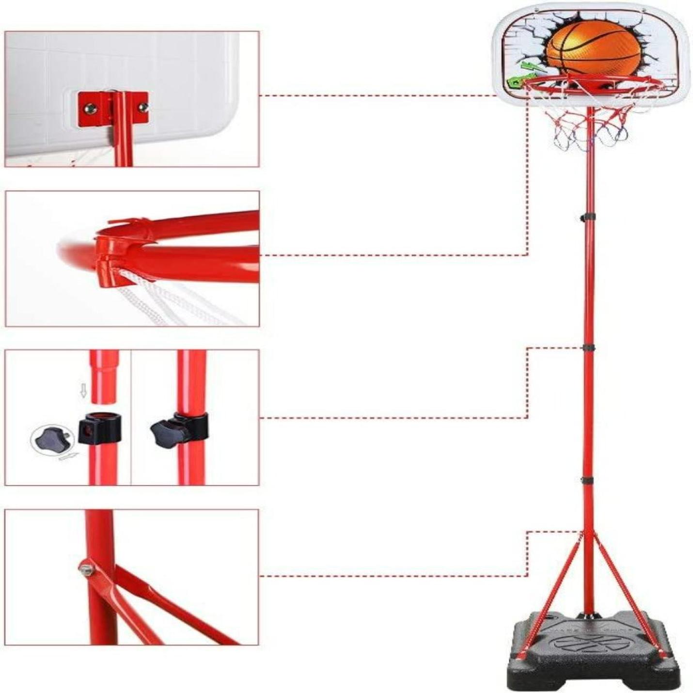 Exploded view diagram van een Ontwikkel basketbaltalenten met de verstelbare onderdelen van de basketbalset voor kinderen sport en spel.