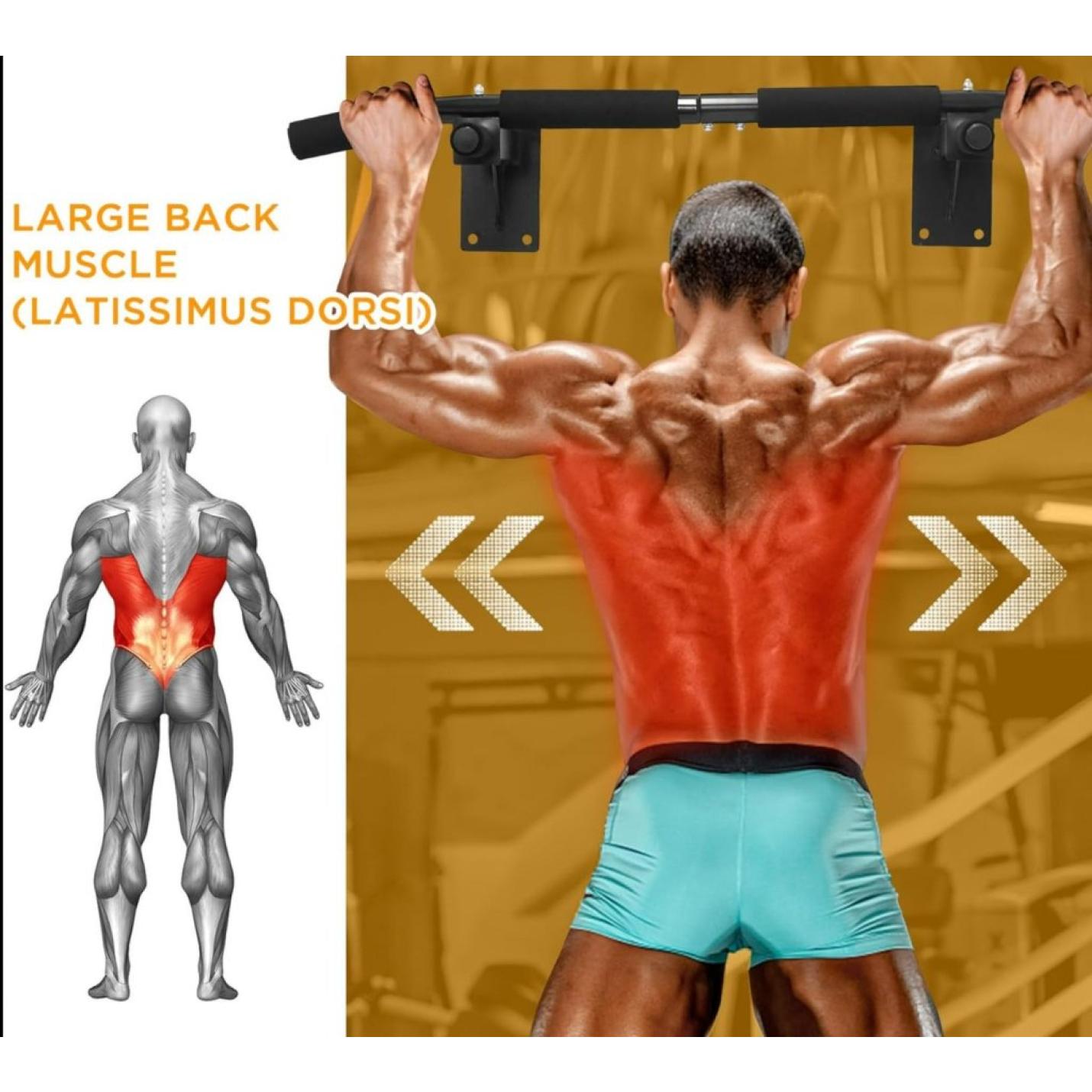 Versterk je lichaam met de Versterk je lichaam met de wandgemonteerde optrekstang, waarbij de latissimus dorsi-spieren worden benadrukt.