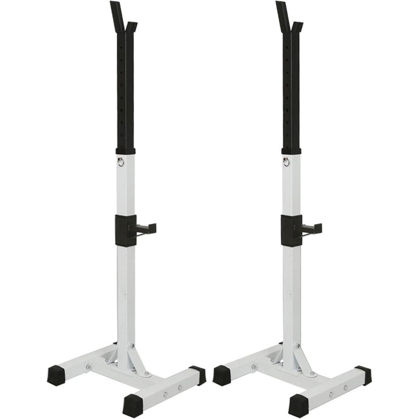 Een paar verstelbare witte Versterk je lichaam: Squat rek voor ultieme trainingsresultaten met zwarte vulling.