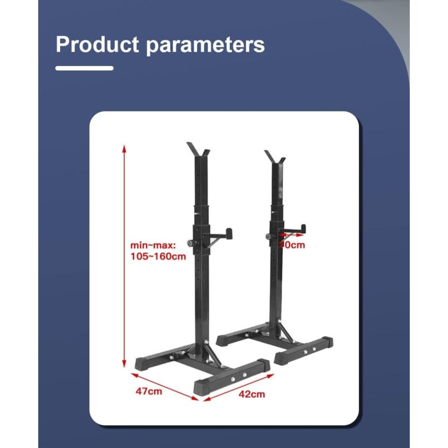 Verstelbare squatrek met een hoogtebereik van 105 tot 160 cm en basisafmetingen van 47 cm bij 42 cm.