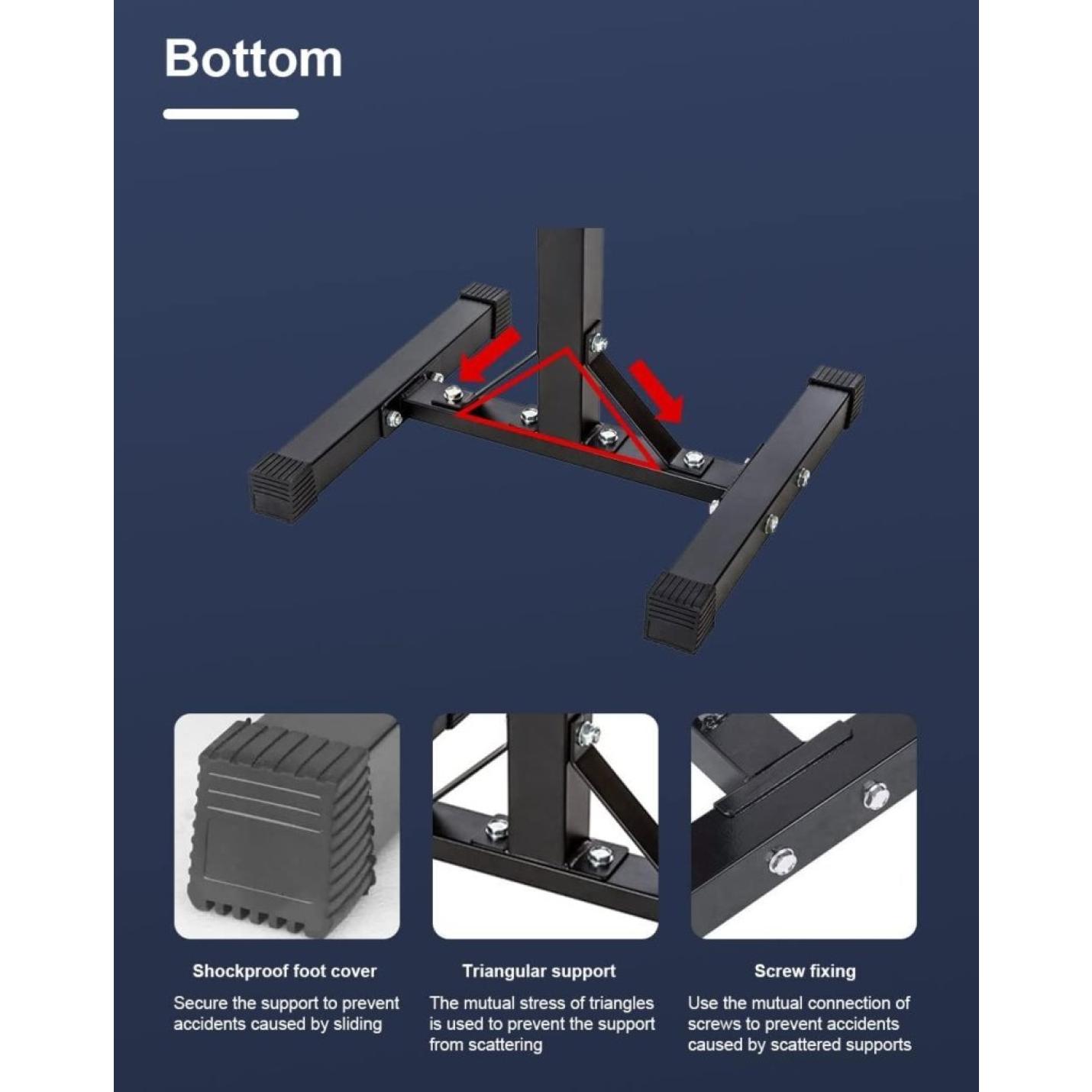 Exploded view van een Squat rek voor ultieme trainingsresultaten met de nadruk op stabiliteitskenmerken: schokbestendige voetbedekking, driehoekige ondersteuning en schroefbevestiging.