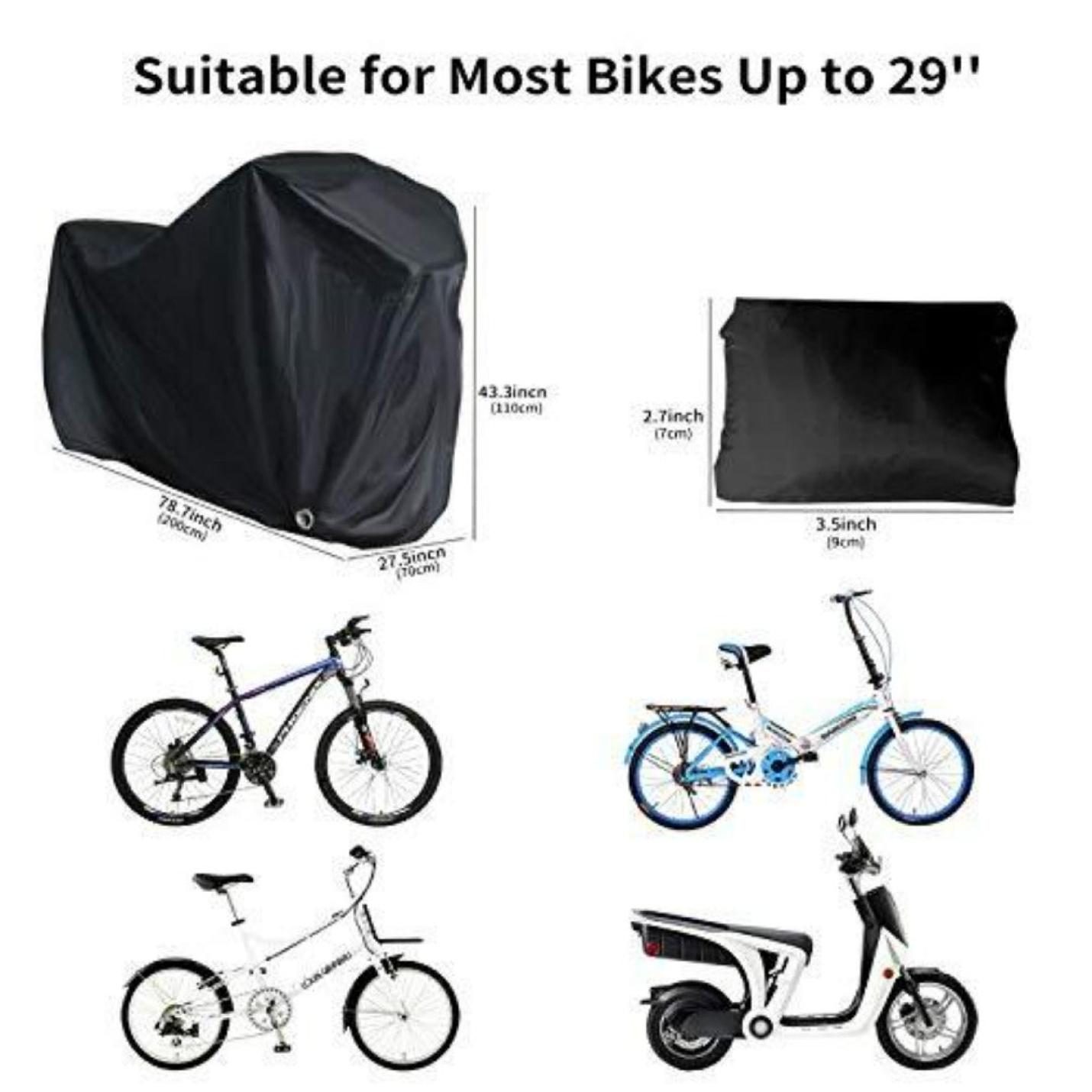 Een collage met een Bescherm je waardevolle fiets tegen alle weersomstandigheden met onze waterdichte fietshoes met slotgaten en de afmetingen ervan, naast verschillende fietsen, waaronder een mountainbike, een racefiets, een vouwfiets en een elektrische scooter, die de compatibiliteit illustreert.
