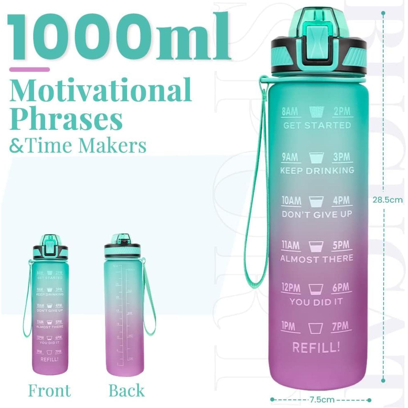 Een 1-liter turquoise inspirerendede waterfles met tijdmarkeringen en aanmoedigende teksten, weergegeven in voor- en achterzijaanzichten.
