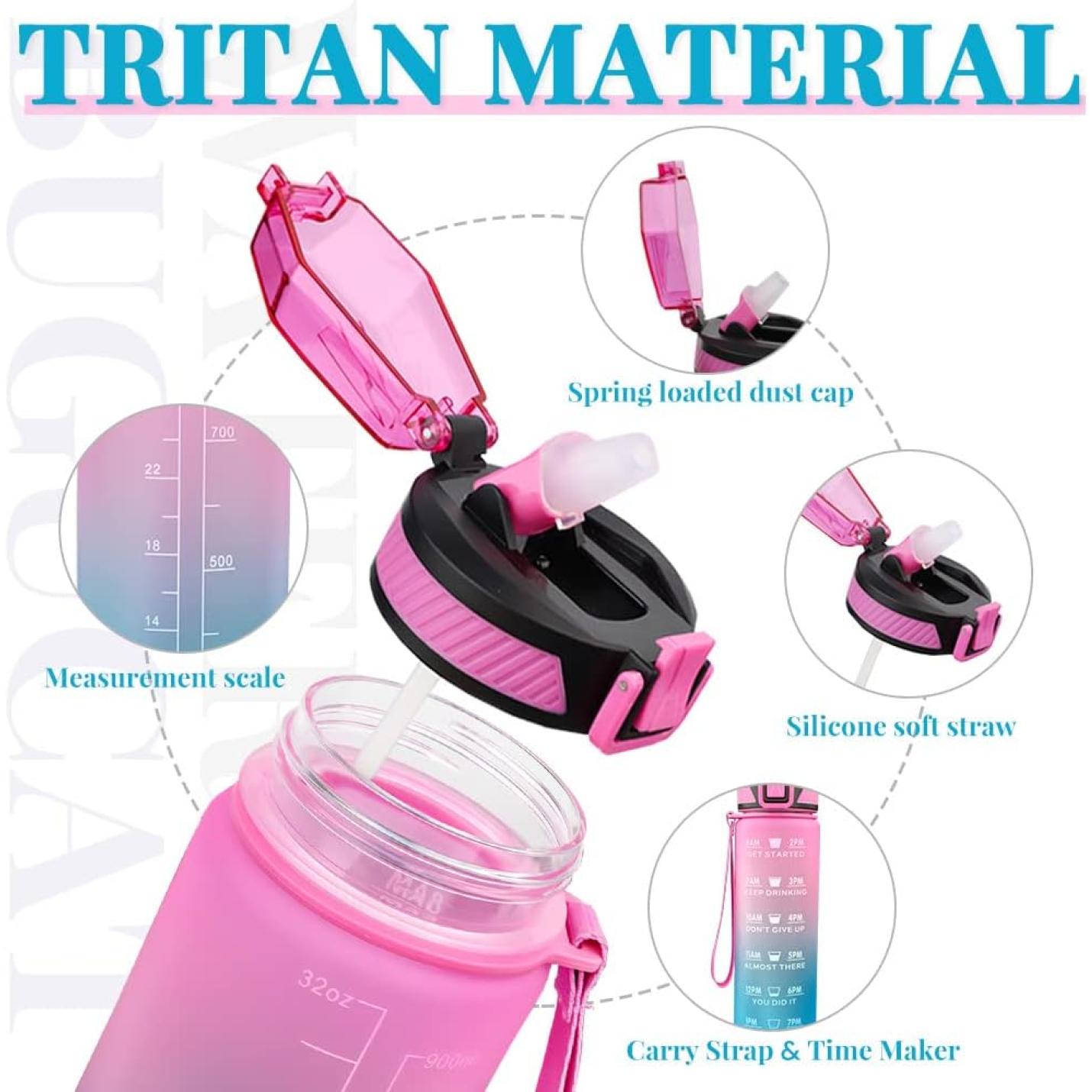 Tritan-waterfles van 1 liter met tijdmarkeringen en rietje: blijf gehydrateerd en gemotiveerd!