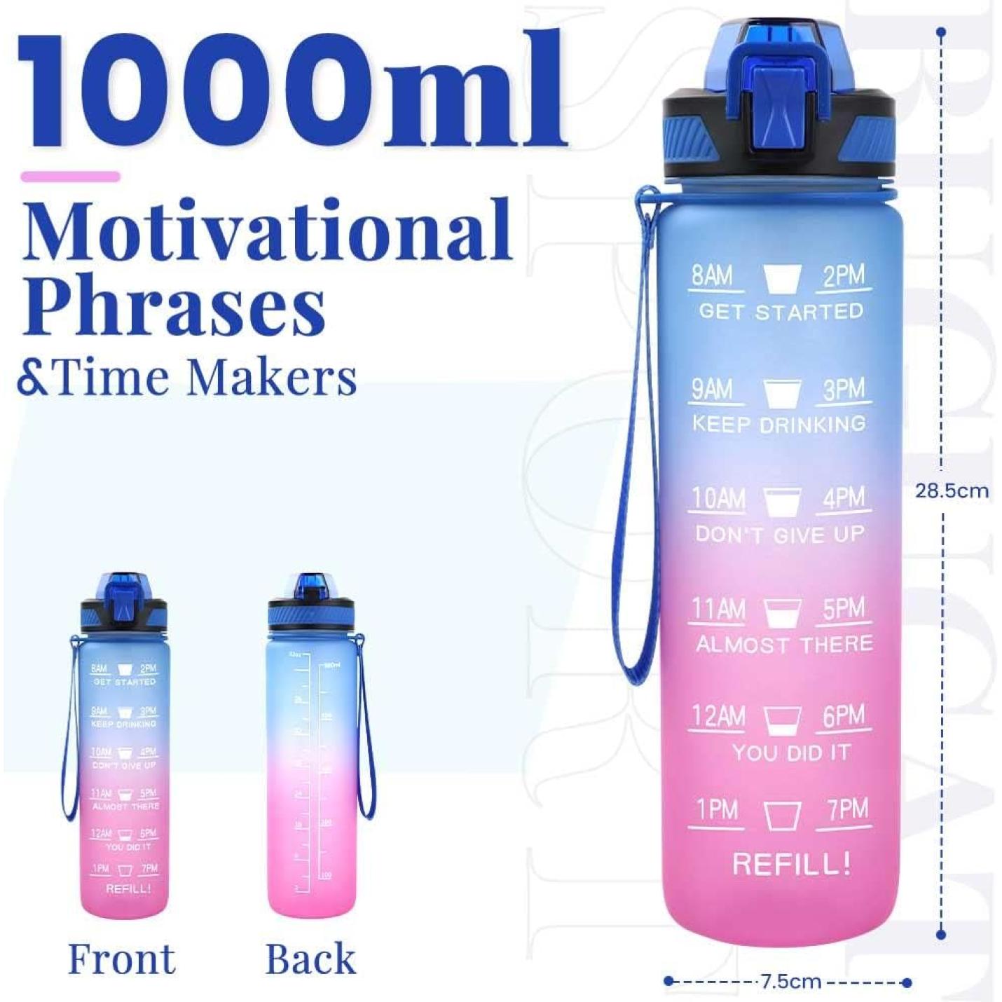 A Houd je gehydrateerd en gemotiveerd! blauwe motiverende waterfles met tijdmarkeringen en inspirerende zinnen, met zowel voor- als achteraanzicht, met gelabelde afmetingen.
