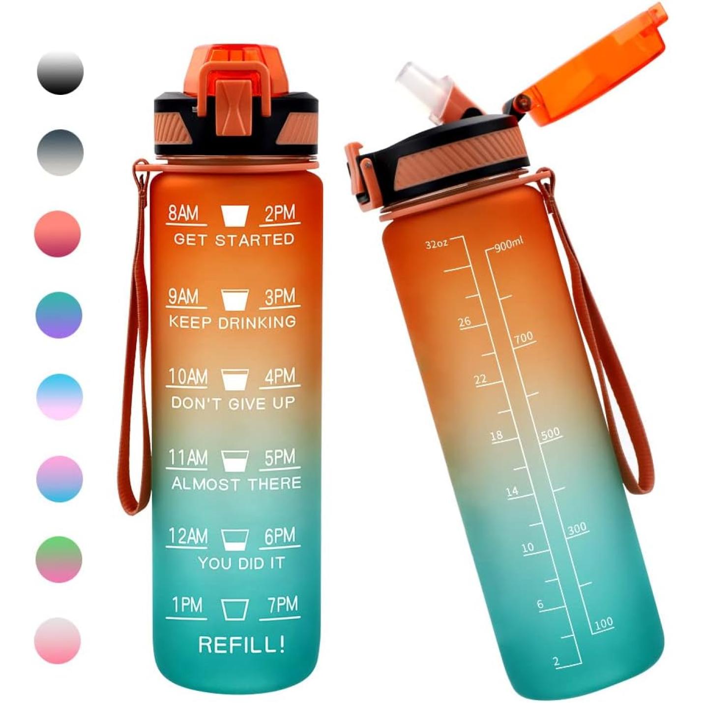 Twee waterflessen van 1 liter met tijdmarkeringen en rietje: houd jezelf gehydrateerd en gemotiveerd, één in groenblauw en één in oranje, weergegeven met een kleurenpalet.