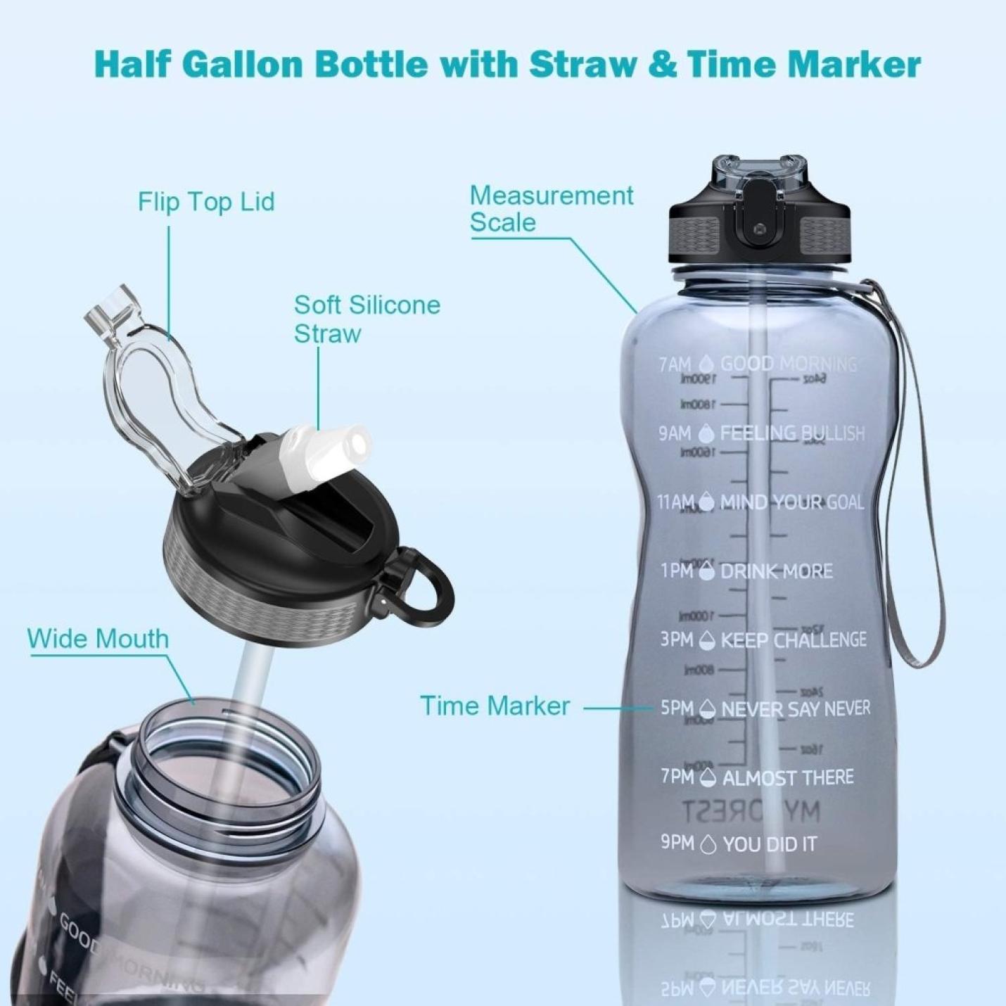 Waterfles, inhoud 2,2 liter, met tijdsaanduidingen, BPA-vrij materiaal, met drinkrietje, voor afvallen en algemene gezondheid, grijs - happygetfit.com