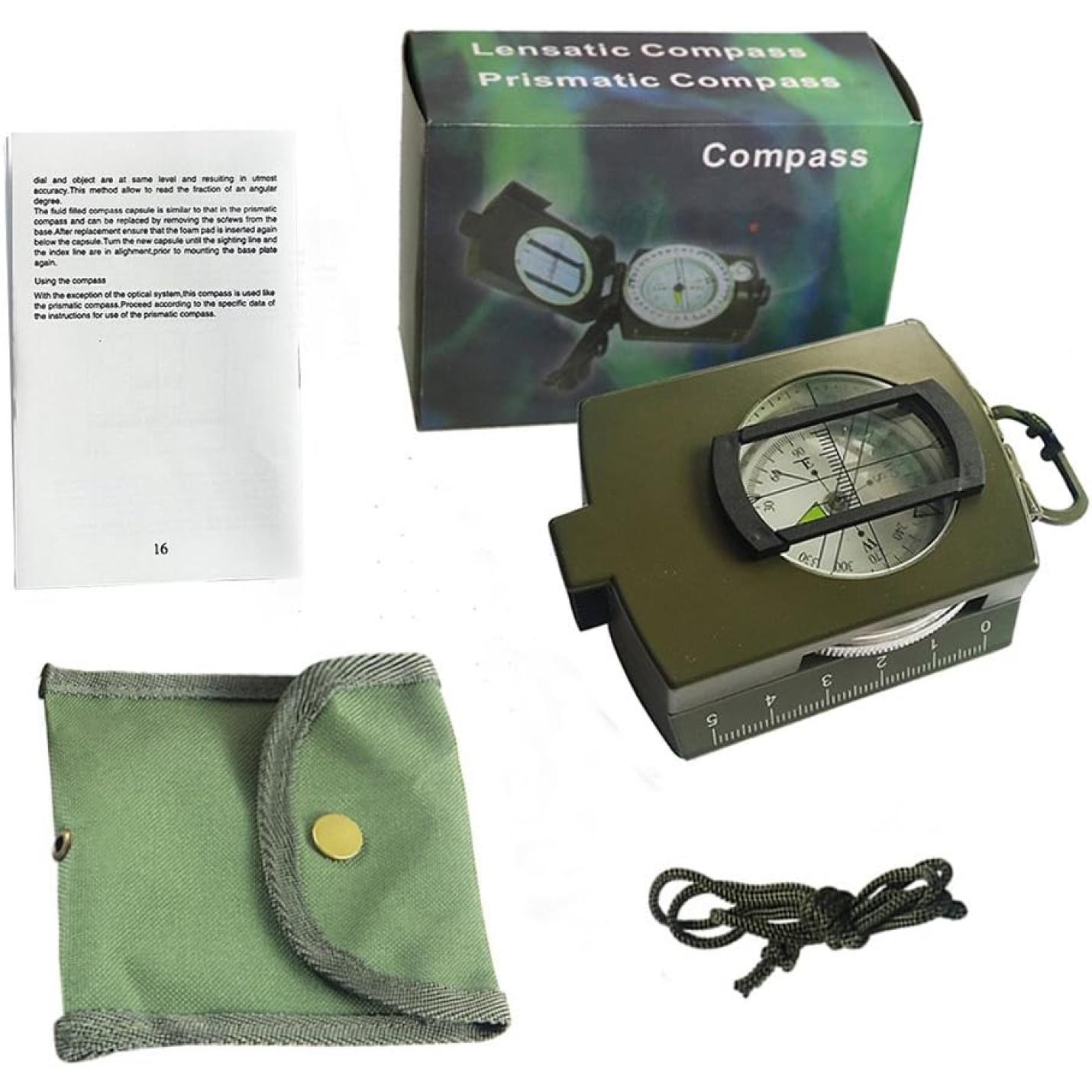 Een volledig militaire kompas voor outdoor en survival met verpakking, instructieblad en draagtas.