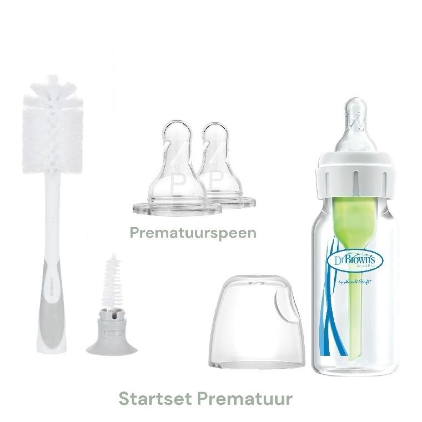 Startset Prematuur bestaat uit een 120ml babyfles, 2x prematuur spenen en een flessen borstel