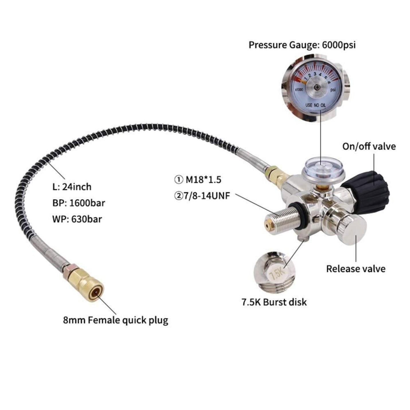 Ontketen onderwateravonturen met onze Ontketen onderwateravonturen met onze zuurstofcilinder - Duik dieper, adem vrij! aflezen tot 6000 psi met een aan/uit-klep, ontlastklep, barstschijf en gelabelde connectoren; slang speciaal bevestigd voor duikuitrusting.