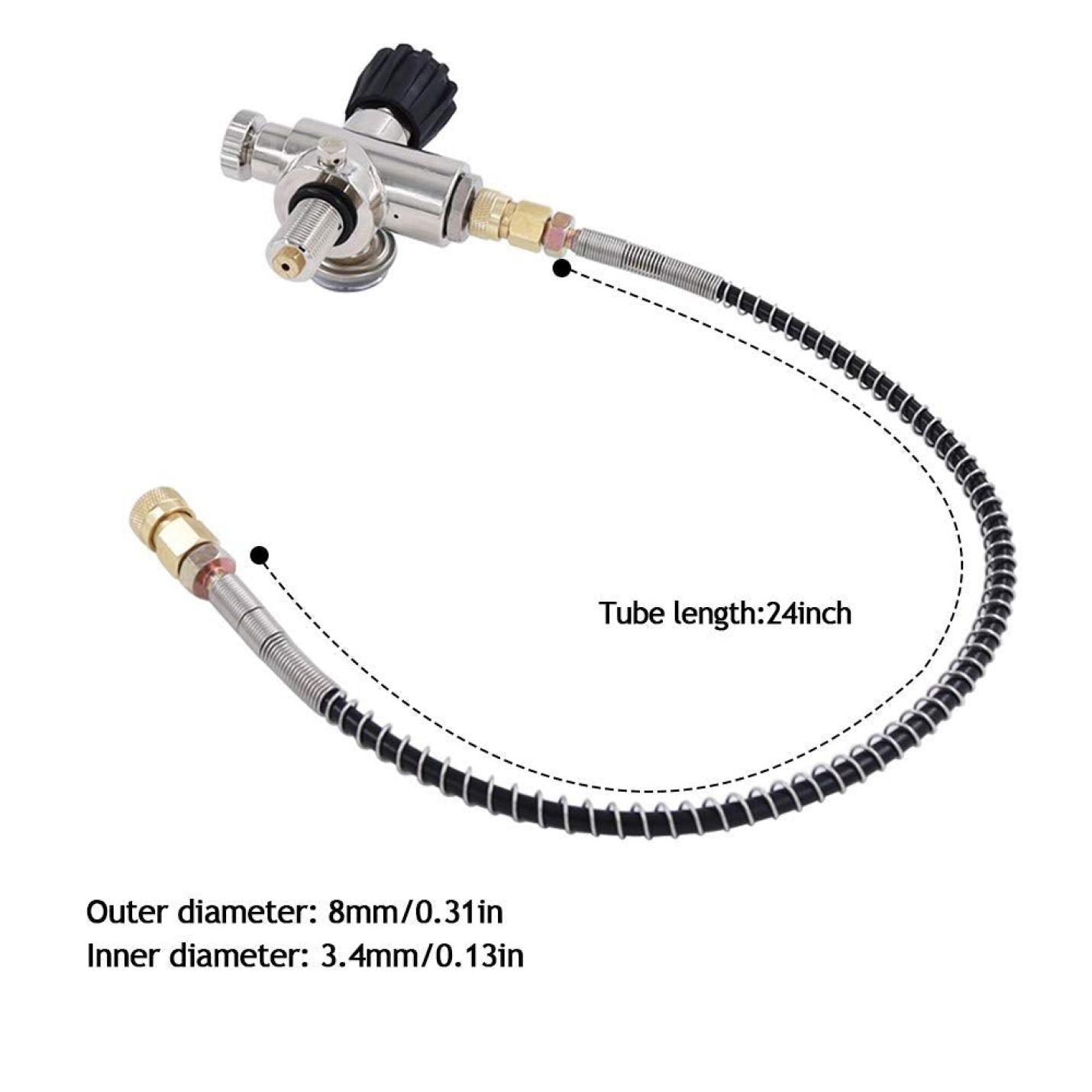 Flexibele metalen slang met connectoren aan elk uiteinde, gelabeld met afmetingen voor buislengte en binnen- en buitendiameters, geschikt voor gebruik met Ontketen onderwateravonturen met onze zuurstofcilinder - Duik dieper, adem vrij!
