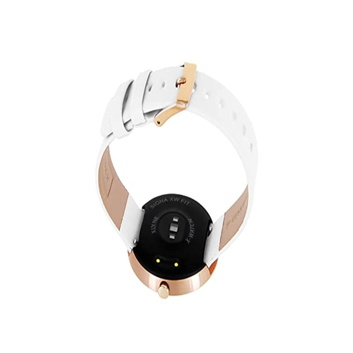 Ontdek de elegantie van onze dames smartwatch met fitnesstracker in wit en roségoud met gespsluiting, met sensoren aan de achterkant.